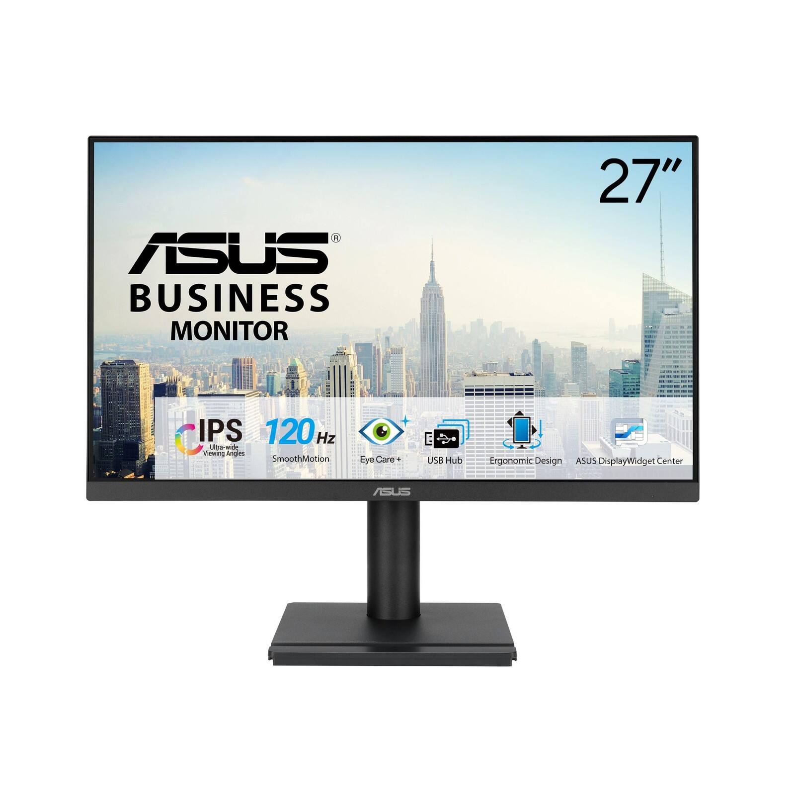 A ASUS BUSINESS MONITOR 27" IPS 120 Hz Ultra-wide Viewing Angles SmoothMotion Eye Care+ E USB Hub Ergonomic Design ASUS DisplayWidget Center