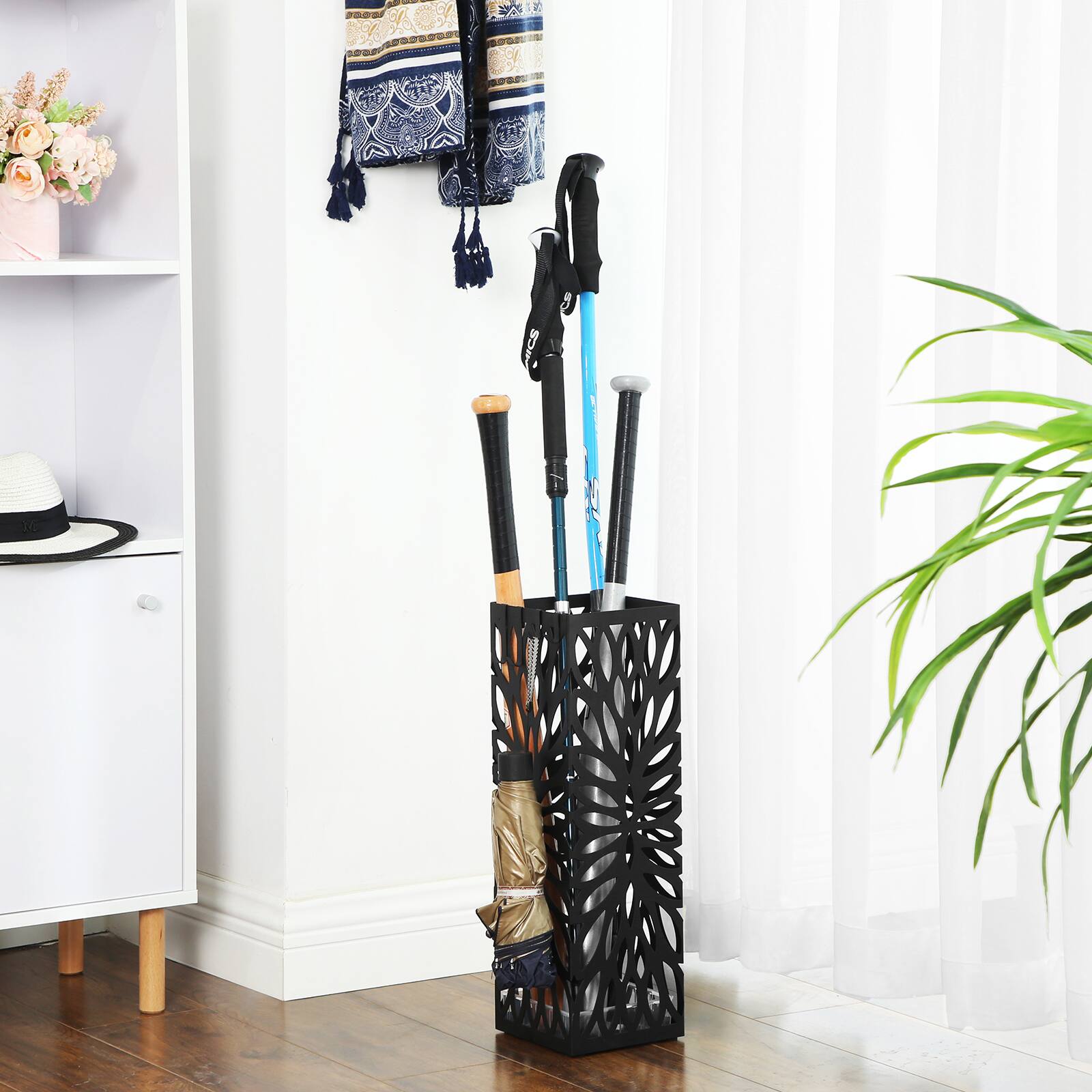 Angle. Songmics Home - Umbrella Stand, Umbrella Holder for Entryway, Steel Square Umbrella Rack Organizer Freestanding - Black.