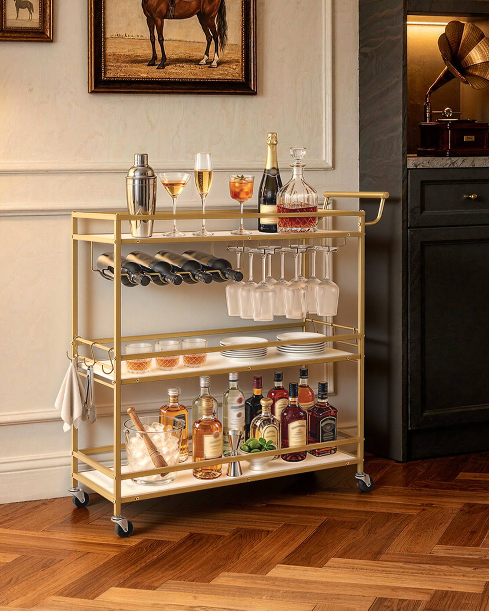 Alt View 3. VEVOR - Bar Cart, 3 Tiers Home Kitchen Serving Carts, Modern Rolling Utility Station on Wheels, Mobile Drink Beverage Trolley - Gold + White.