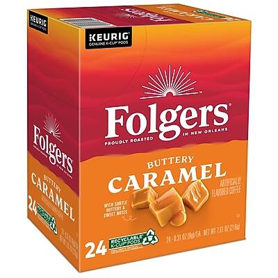 HEURIG  
KEURIG GENUINE K-CUP PODS  
Folgers  
PROUDLY ROASTED IN NEW ORLEANS  

Folgers  
CARAMEL BUTTERY  
ARTIFICIALLY FLAVORED COFFEE  

24 CARAMEL SWEET WITH BUTTERY SUBTLE NOTES  

24 K-CUP PODS  
0.31 OZ (8.8g) EACH  
NET WT 7.61 OZ (218g)  

RECYCLABLE