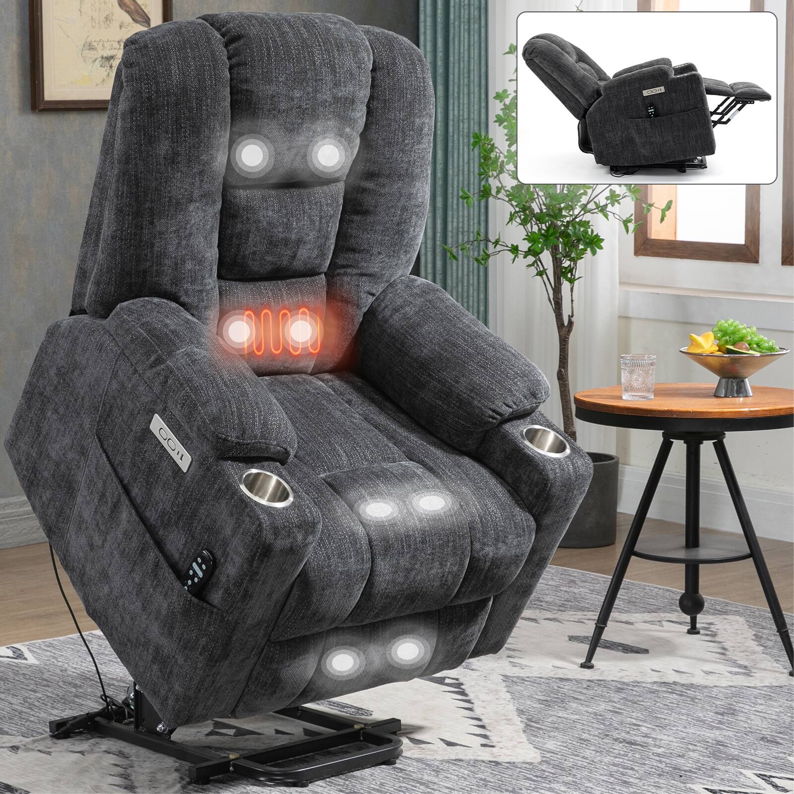 Angle. AENKYO - Power Lift Recliner Chair with Massage and Heating Large Massage Recliner Chair, 2 Steel Cup Holders for Elderly - Black.