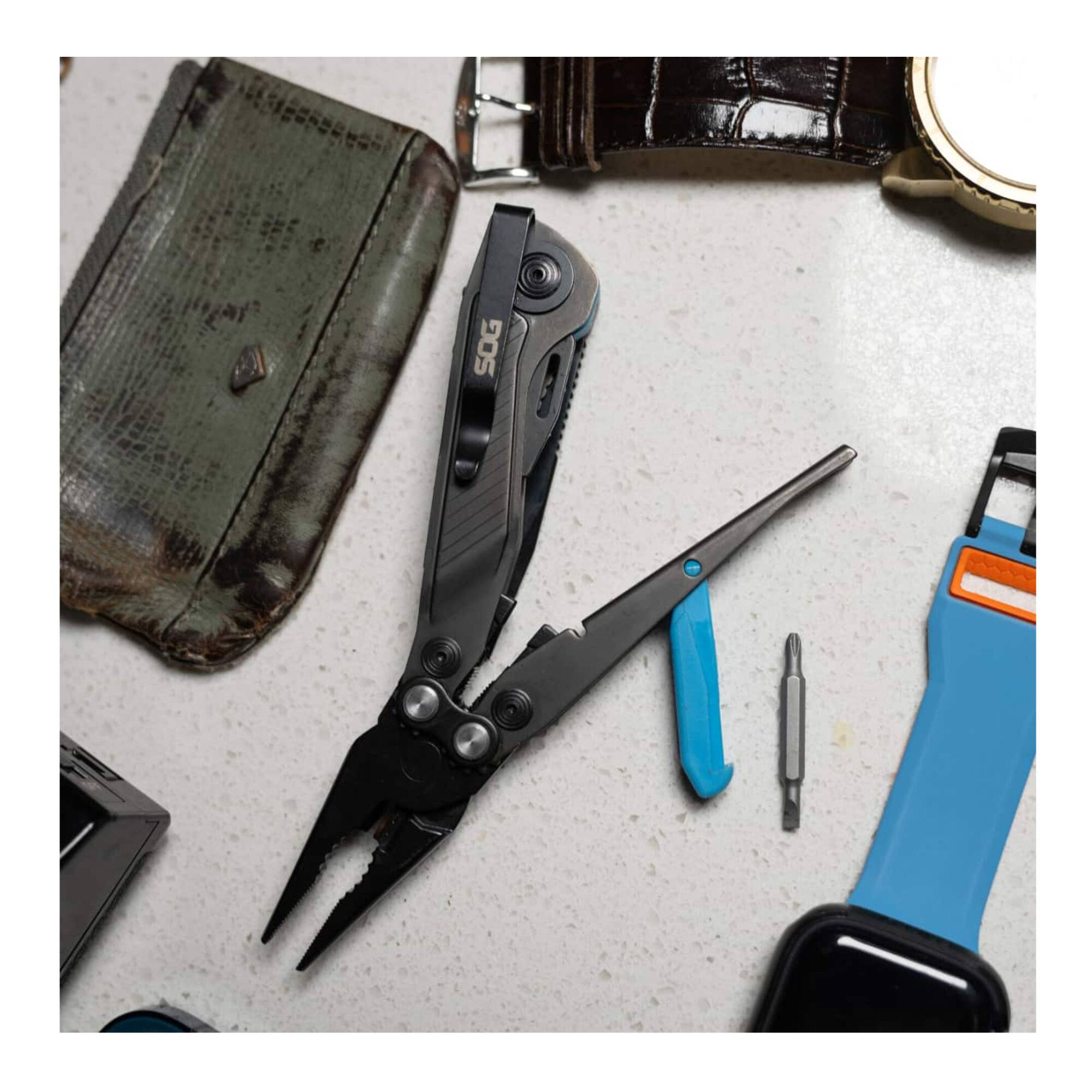 Angle. SOG - SOG Flash MT Urban Gray and Cyan Pocket Multi-tool 7 Stainless Steel Housing.