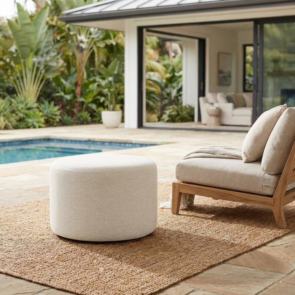 Left. Outdoor Escape - Woven Heathered Fabric Outdoor Ottoman with Cushioned Top in Neutral Tone - White.