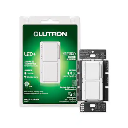 LUTRON LED+ ADVANCED TECHNOLOGY
For dimmable bulbs
DIMMER LED 75W INC/HAL 300W
LUTRON MAESTRO
DIMMER & SWITCH
Easy to adjust dimming range feature to improve bulb performance
MACL-L3S25H-WH WHITE
Single pole
For a fan/light(s) controlled from 1 location
LUTRON
300 W or 6 Du OFL
75 300 W 25 A
LUTRON
Ganglandburg, PA 833
MAESTRO
nongtot55anscribe
Ssc
butron.com
DIMMER Up 1.88750 125/ Y & SWITCH
GMSL Courant SWITCH Light or Fan 2.5 A
Amrtez Replace dual switch in 15 minutes
LUTTON