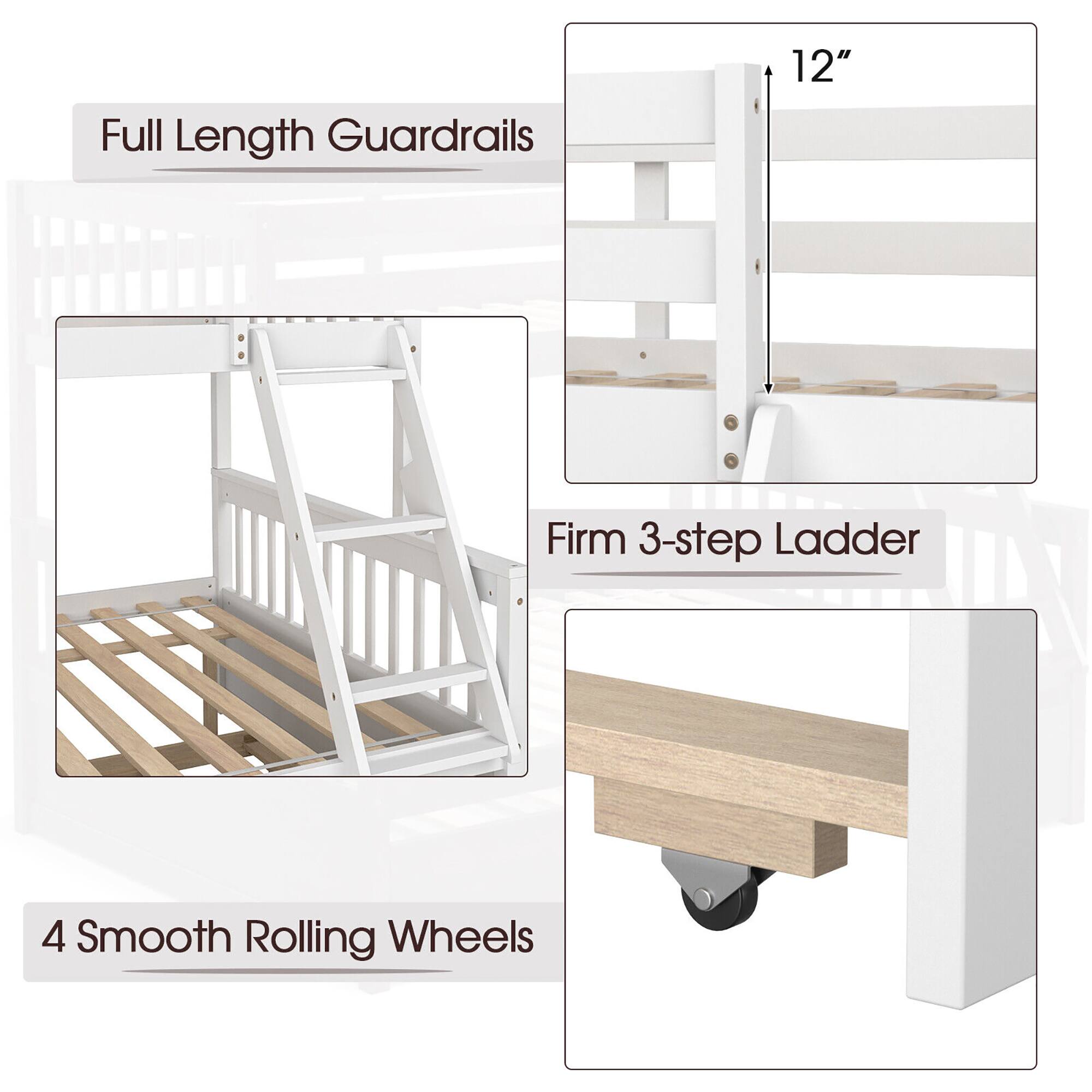 Full Length Guardrails  
12"  
Firm 3-step Ladder  
4 Smooth Rolling Wheels
