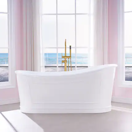 Front. WELLFOR - Vogue 66 in. x 30 in. Acrylic Oval Freestanding Soaking Bathtub with Drain and Overflow - White.