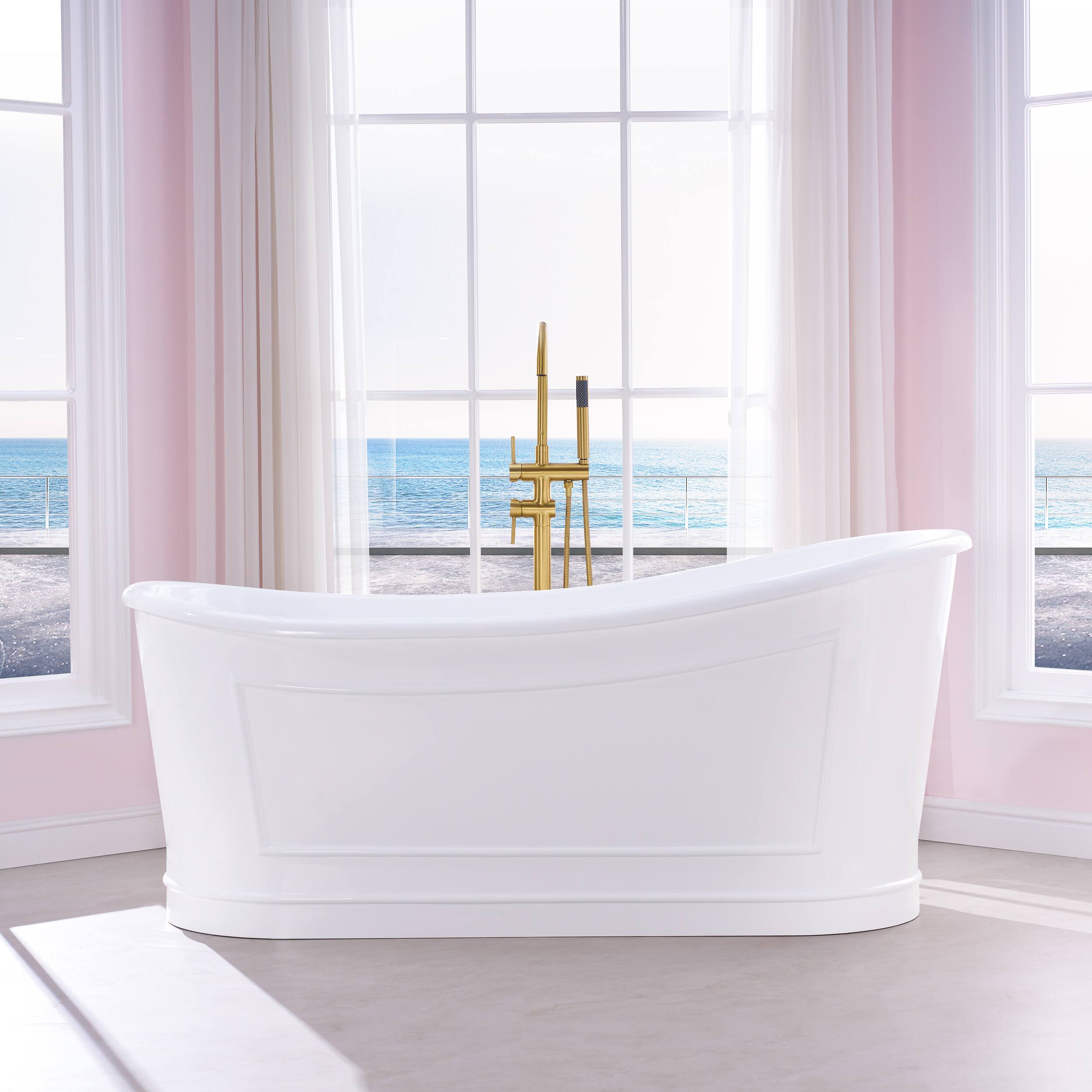 Front. WELLFOR - Vogue 66 in. x 30 in. Acrylic Oval Freestanding Soaking Bathtub with Drain and Overflow - White.