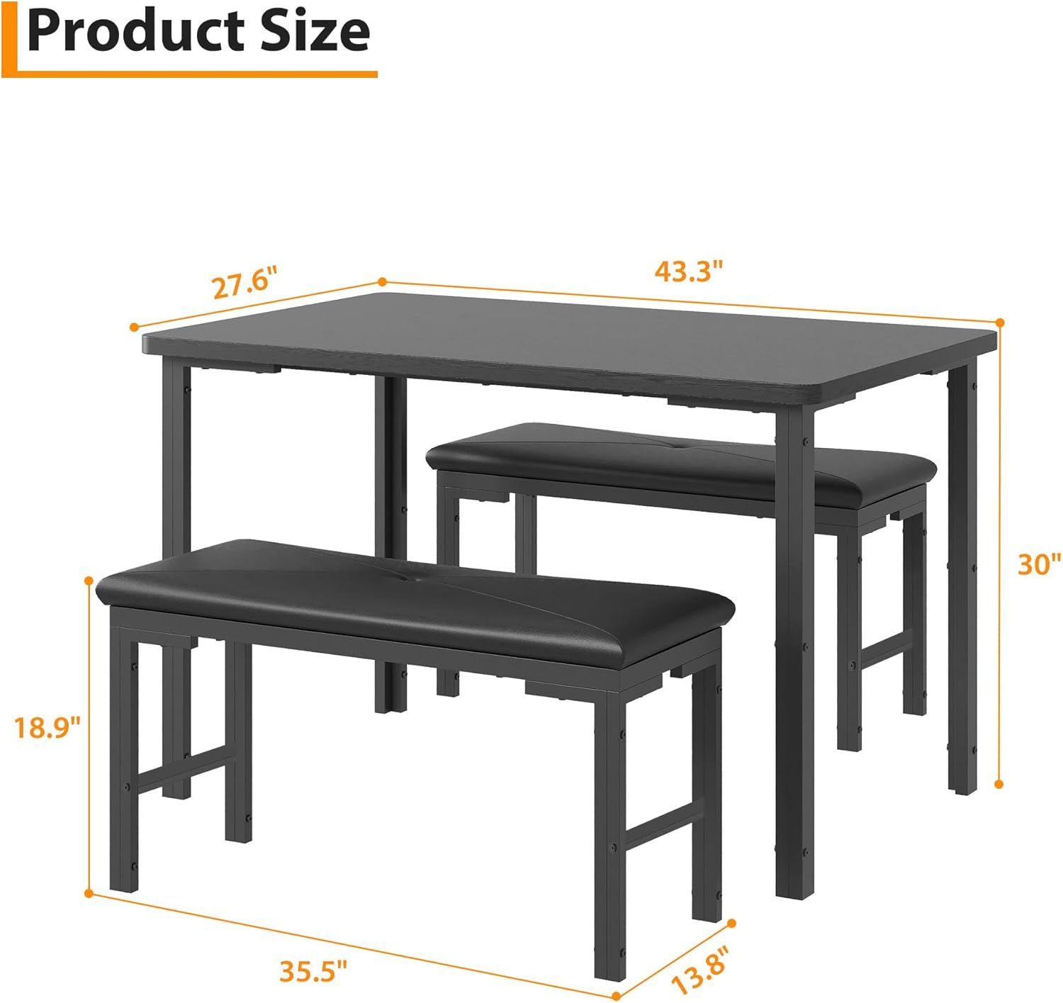 Product Size

- Length: 43.3"
- Width: 27.6"
- Height: 30"
- Seat Height: 18.9"
- Seat Depth: 13.8"
- Table Height: 35.5"
