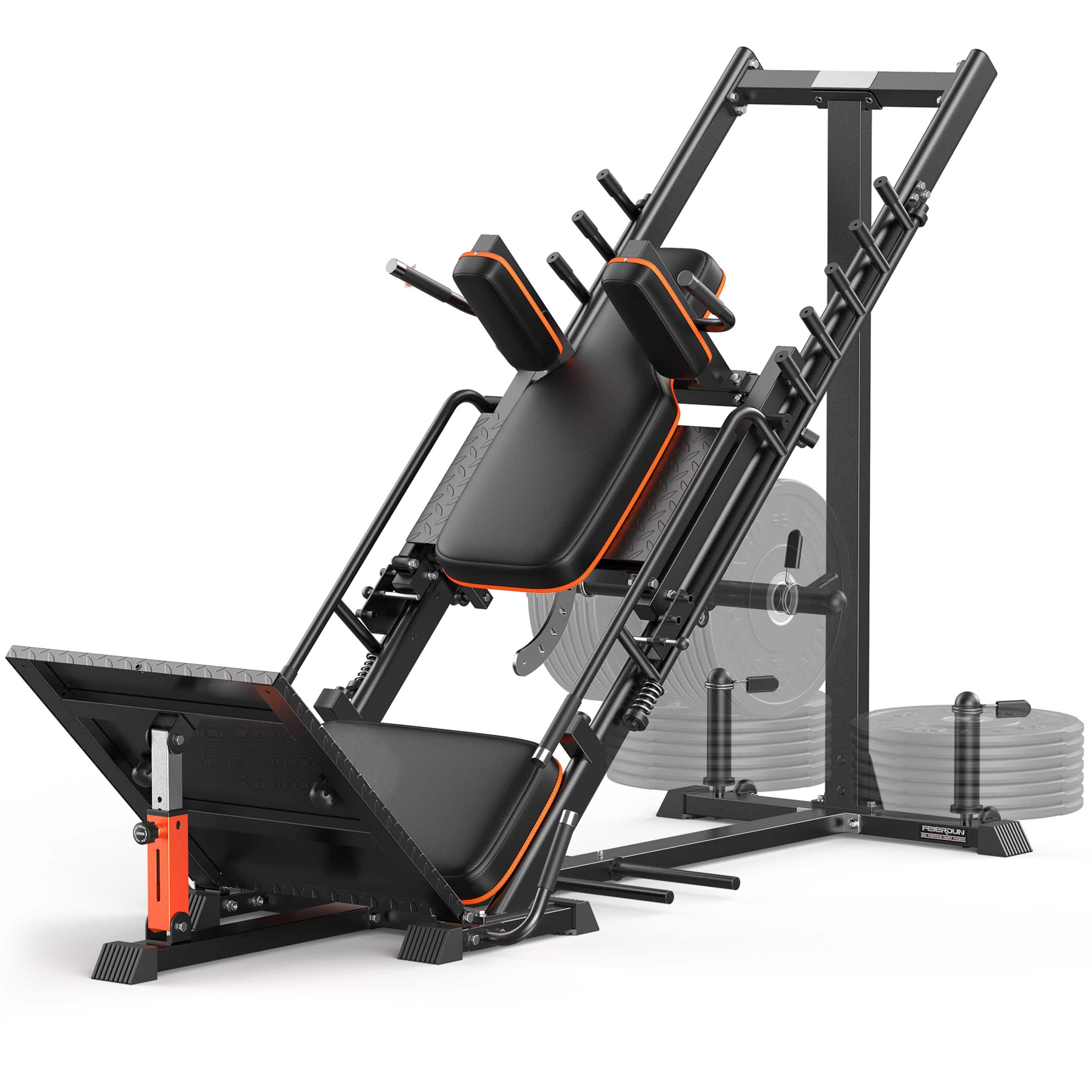 FEIERDUN - 3-in-1 Leg Press Hack Squat Machine w/Stretch Board – Adjustable, Full ROM & Ultra-Quiet Pulley for Home Gym - Black