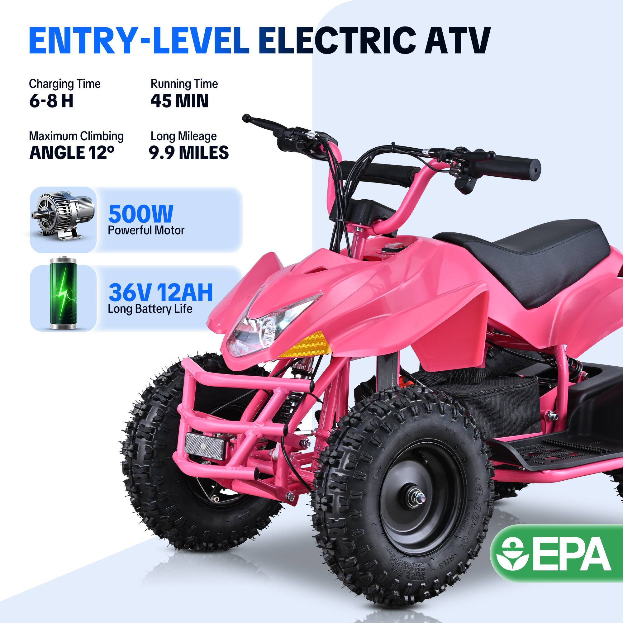 ENTRY-LEVEL ELECTRIC ATV

Charging Time: 6-8 H  
Running Time: 45 MIN  
Maximum Climbing ANGLE: 12°  
Long Mileage: 9.9 MILES  
500W Powerful Motor  
36V 12AH Long Battery Life  

FOR  
SUN  

EPA