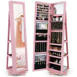 Costway - 360° Rotatable Jewelry Cabinet Armoire 2-in-1 Lockable Mirrored - Pink