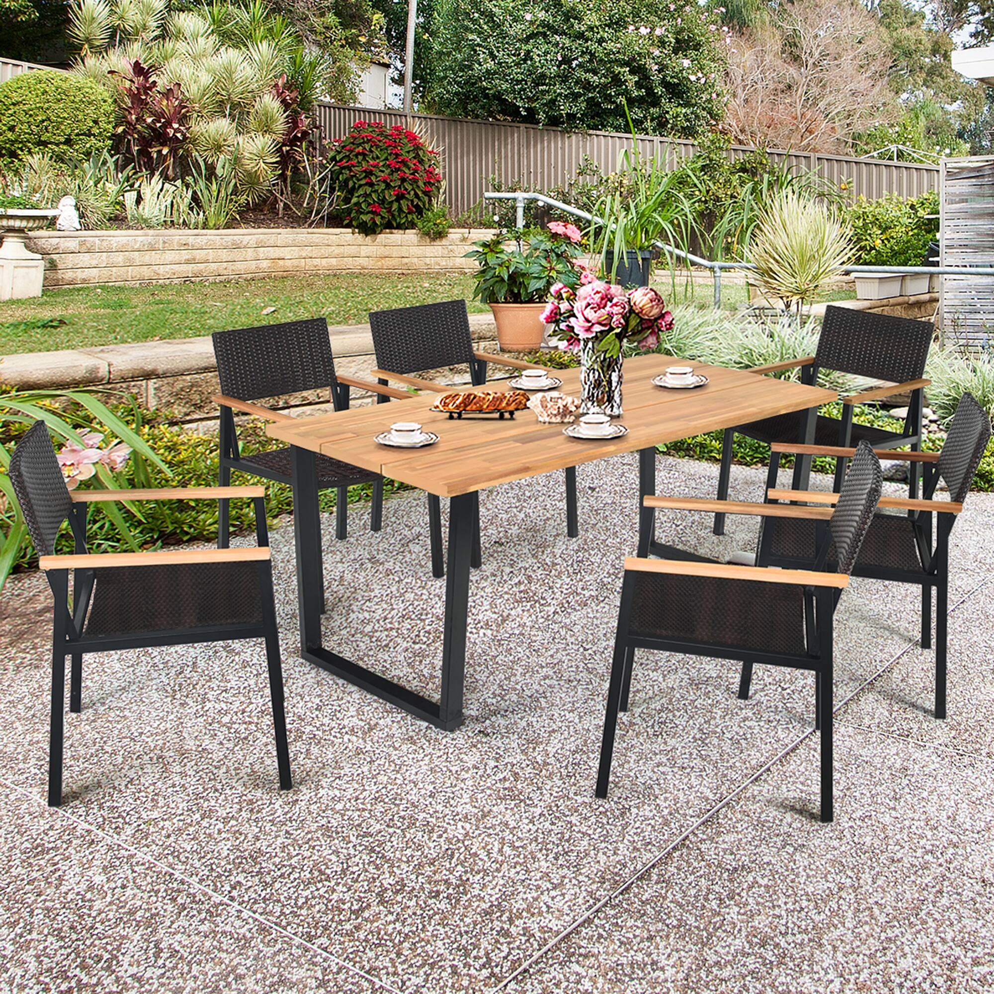 Front. Gymax - Gymax Patented 7PCS Patio Garden Dining Set Outdoor Dining Furniture Set w/ Umbrella Hole - Black.