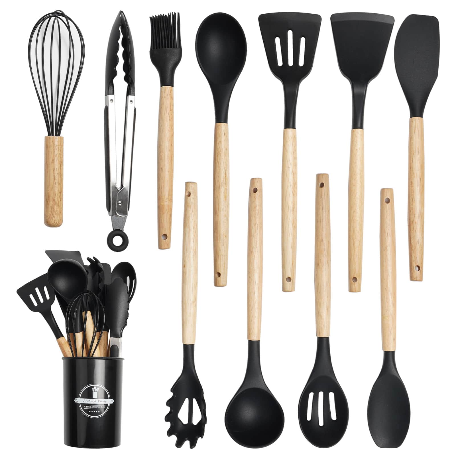 KOOMADE - 12pcs Set Silicone Wooden Handle Kitchenware Set Non Stick Pot Spatula and Spoon Cooking Utensils Heat-resistant - Wood color + Black