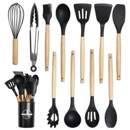 KOOMADE - 12pcs Set Silicone Wooden Handle Kitchenware Set Non Stick Pot Spatula and Spoon Cooking Utensils Heat-resistant - Wood color + Black