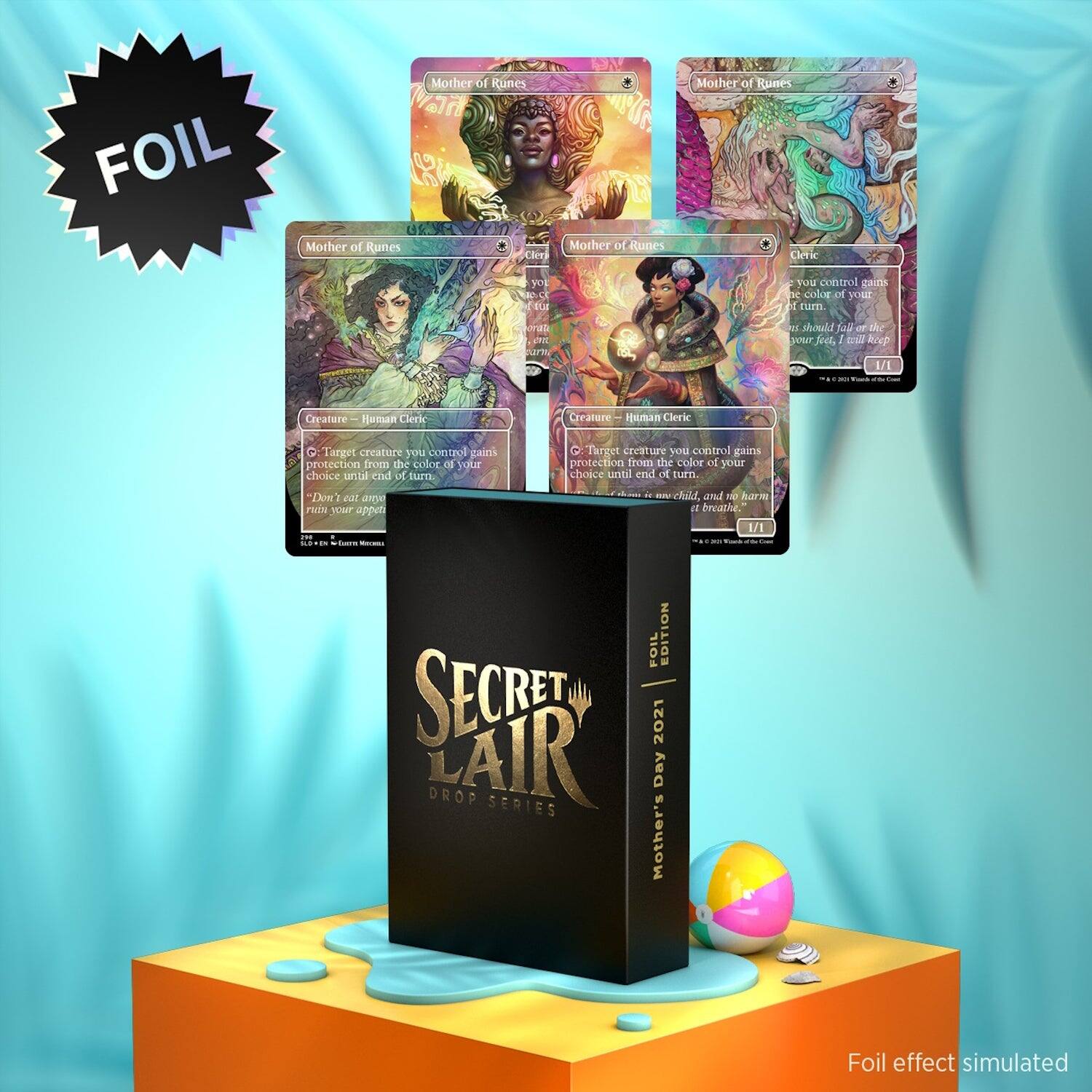 FOIL Mother of Runes Mother of Runes r Clen Mother of Rumes Mother of Runes Lerk yo yo conteol ani4S be coloro your cam. D RE urn aF Munde u te geur Frl, 1 WA R 1/1 Caralure Heman Clenk Creamre Heman Cleri 0 Larget creature you control gain's protection from the color of your choice untal end of tna Dom' eat amA PSTR YORF appun i ..... e Target ireature you control gains protection from the collor od your choice ntl en of turm - - chaild and A barm 4 trcazhe, 1/1 FOIL EDITION SECRE 2021 LAIR DROP SERIES Day Mother's Foil effect simulated