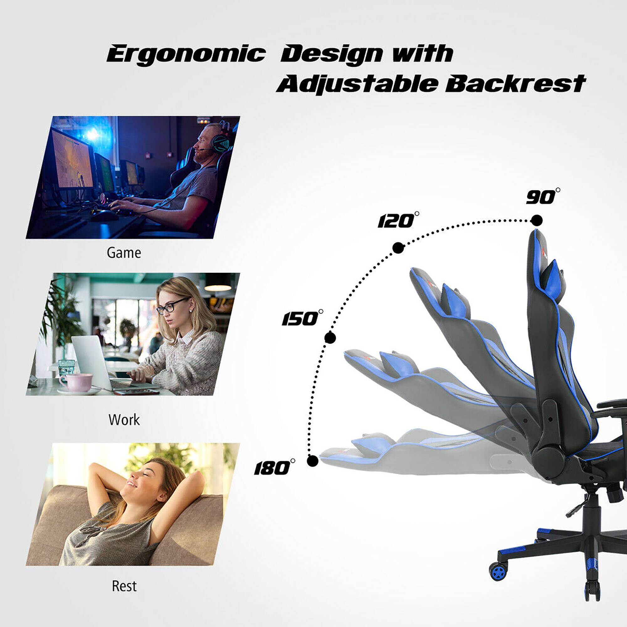 Ergonomic Design with Adjustable Backrest: 120°, 90°, Game: 150°, Work: 180°, Rest: 120°