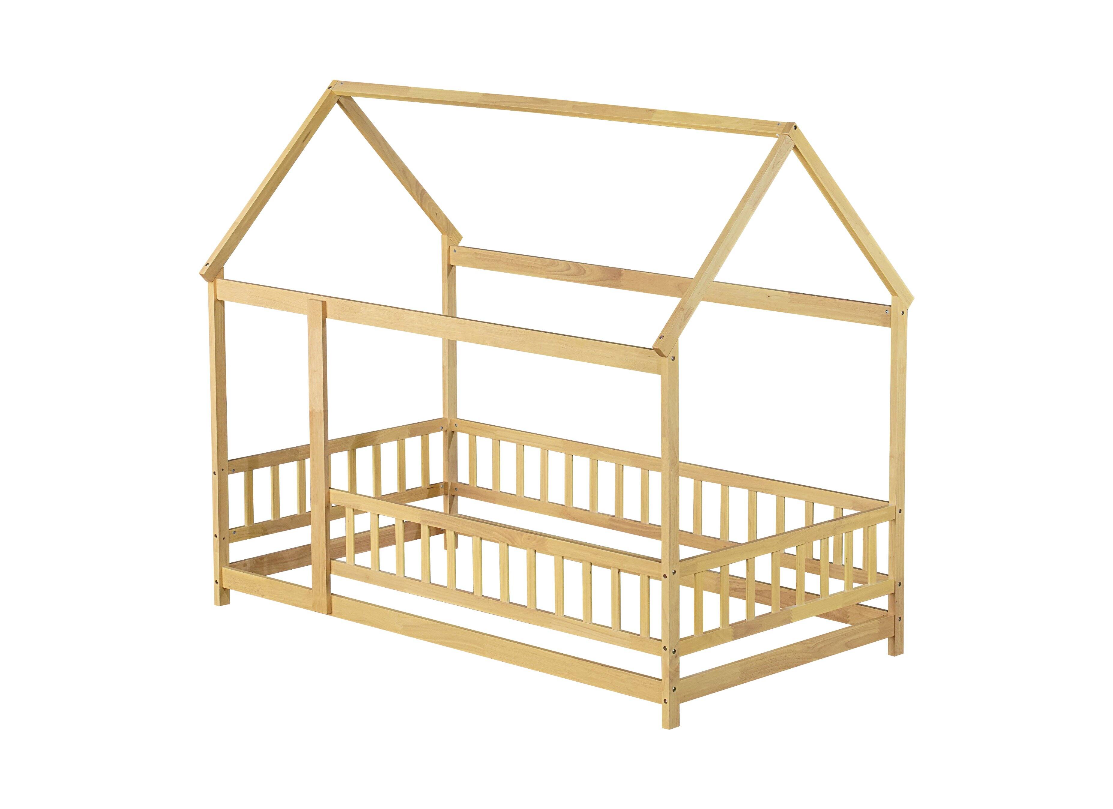 Alt View 6. Tiramisubest - Twin Size House Floor Wooden Bed with Roof Frame,Safety Guardrails,Natural - Natural.