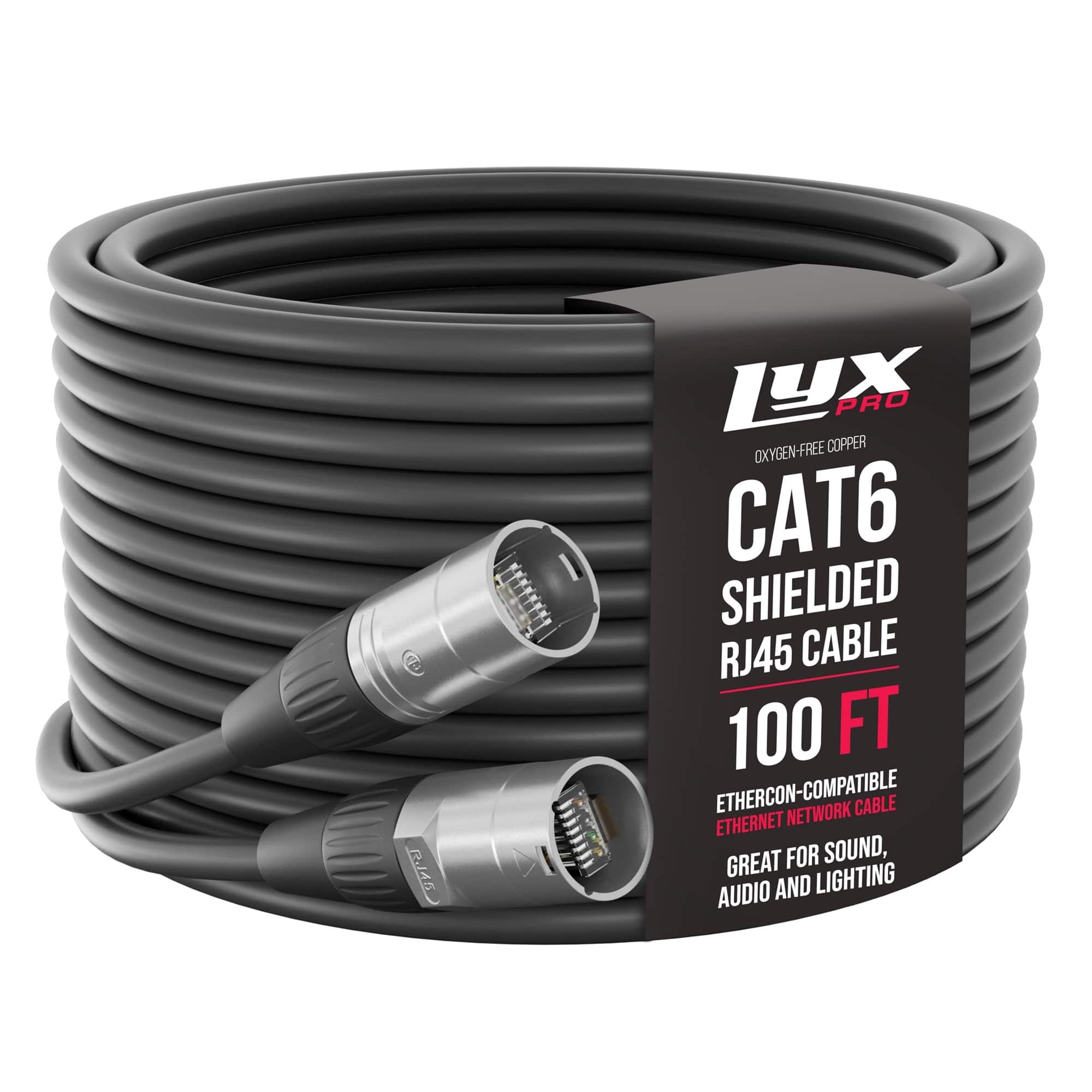 Lyxpro - 100 Feet Shielded CAT6 Ethercon Cable, Male to Male, Pro Audio & Lighting RJ45 Cable - Black