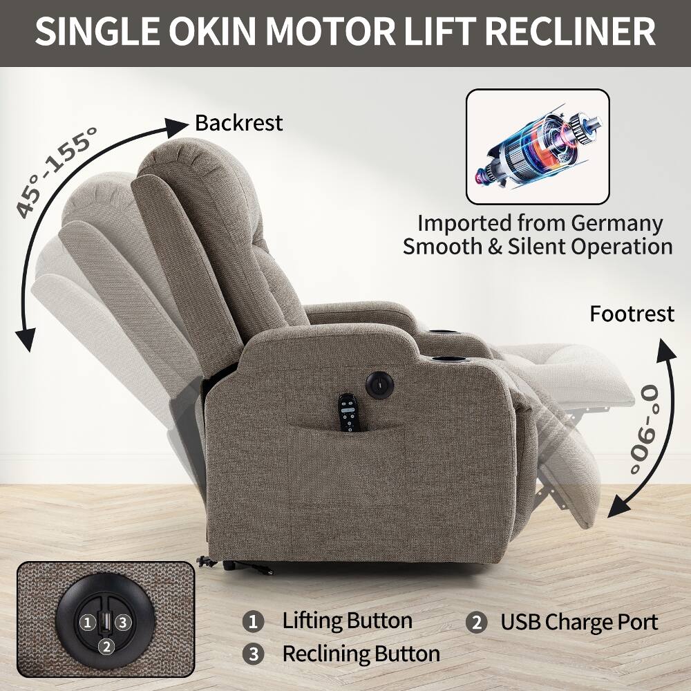 SINGLE OKIN MOTOR LIFT RECLINER  
Backrest 45-155°  
Smooth & Silent Operation  
Imported from Germany  

1. Lifting Button  
2. USB Charge Port  
3. Reclining Button  

Footrest 0-60°