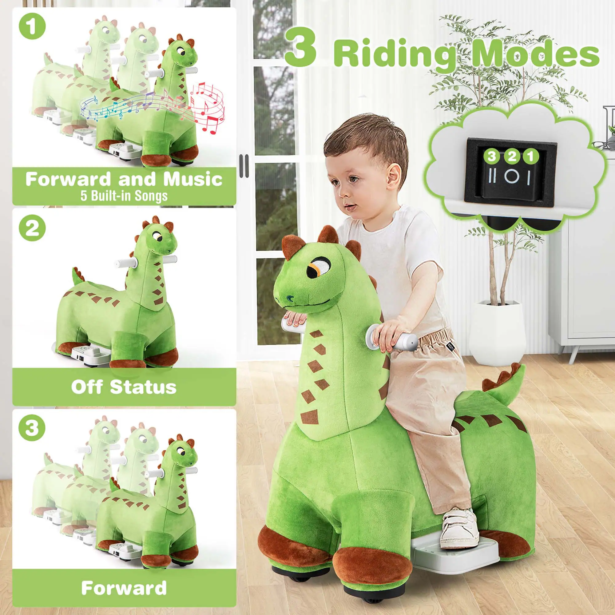 1. Forward and Music  
   5 Built-in Songs

2. Off Status

3. Forward

3 Riding Modes