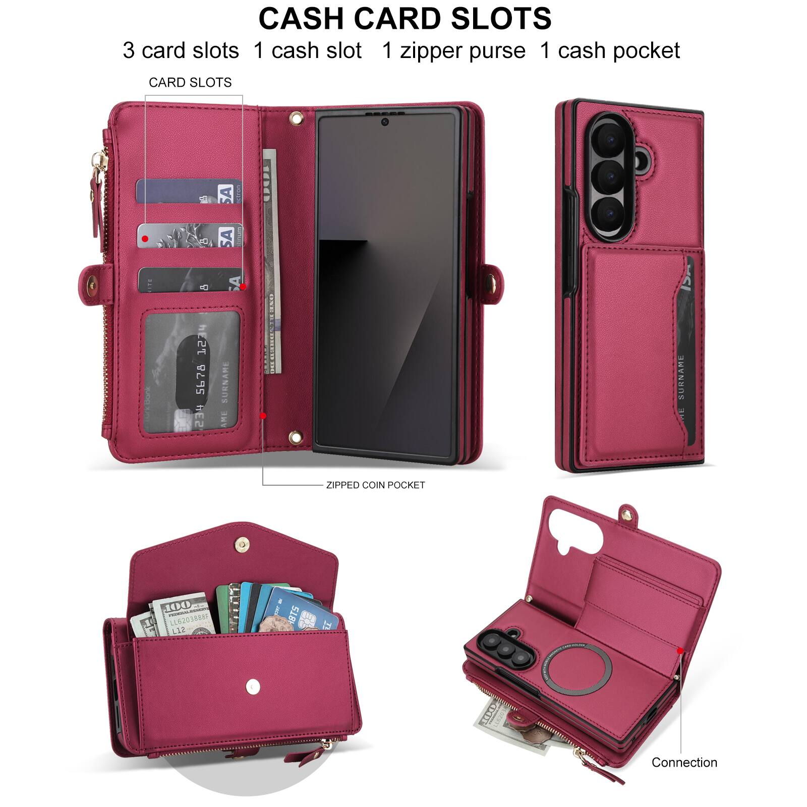 CASH CARD SLOTS  
3 card slots  
1 cash slot  
1 zipper purse  
1 cash pocket  

CARD SLOTS  

RJ  
SA SA  
book  
:( 1234 5678 HE2  

SURNAME AME  
ITE  
SURNAME ME  

ZIPPED COIN POCKET  

100 rever LL6203888F L12  

il STBI  
CHOL  

Connection