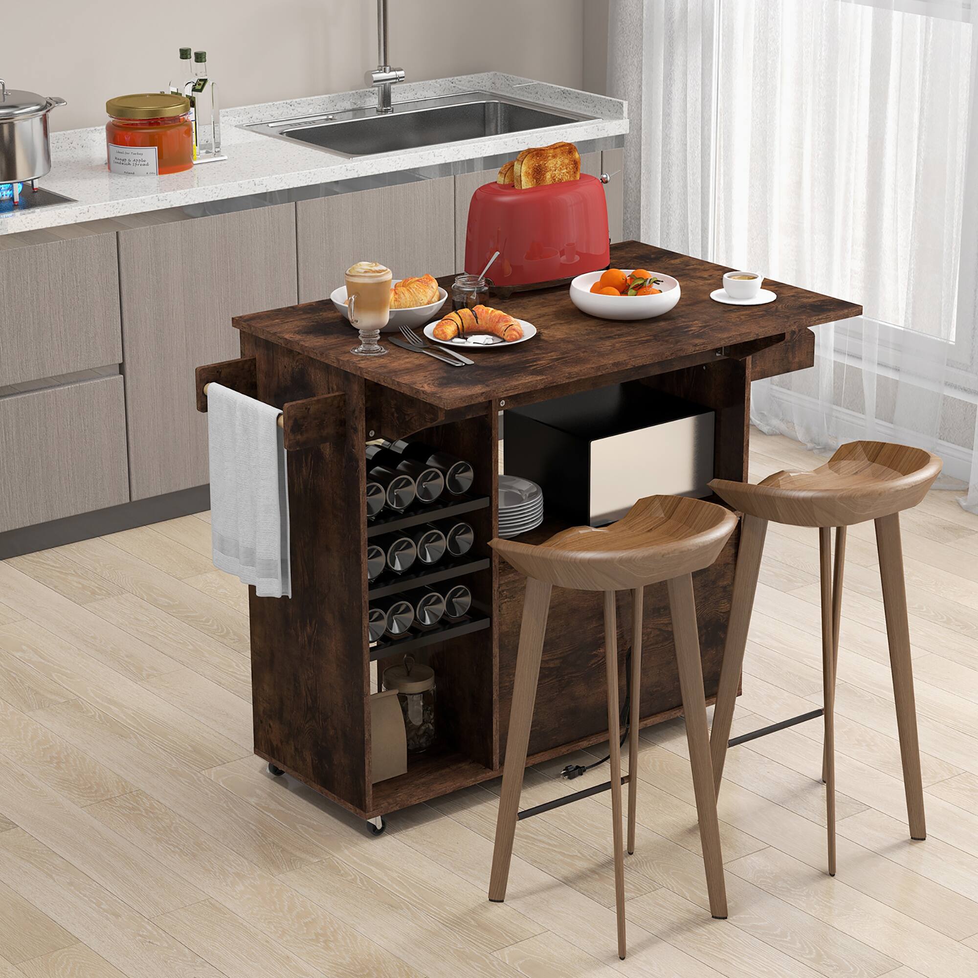 Alt View 4. Gymax - Gymax Kitchen Island Cart w/ Drop-Leaf & Power Outlet Microwave Shelf Wine Rack Drawer Rustic Brown - Rustic Brown.