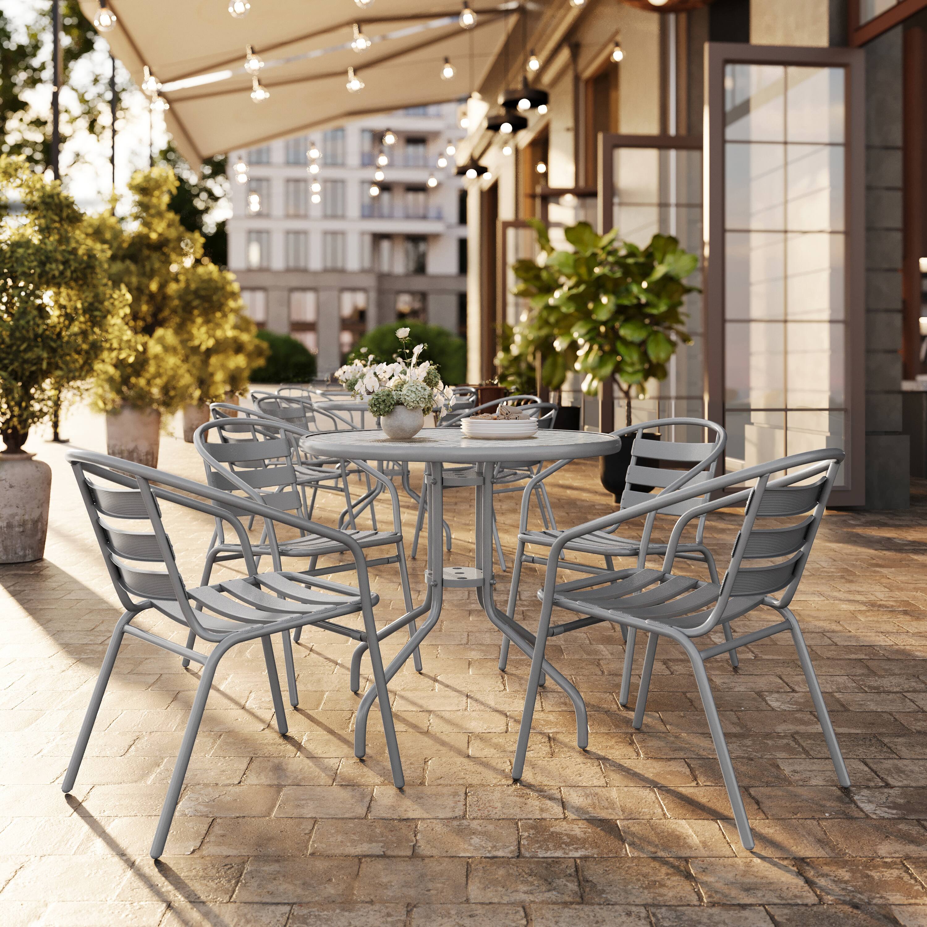 Alt View 1. Flash Furniture - Lila 31.5'' Round Glass Top Metal Table with 4 Silver Aluminum Slat Stack Chairs - Gray.