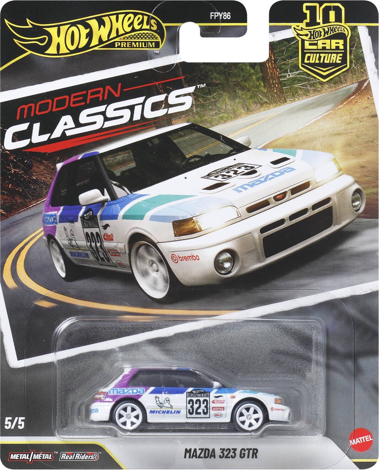 FPY86  
10  
Hot Wheels Premium  
Modern Classics  
Car Culture  
Mazda 323 GTR  
5/5  
Metal | Metal  
Real Riders  
Mattel