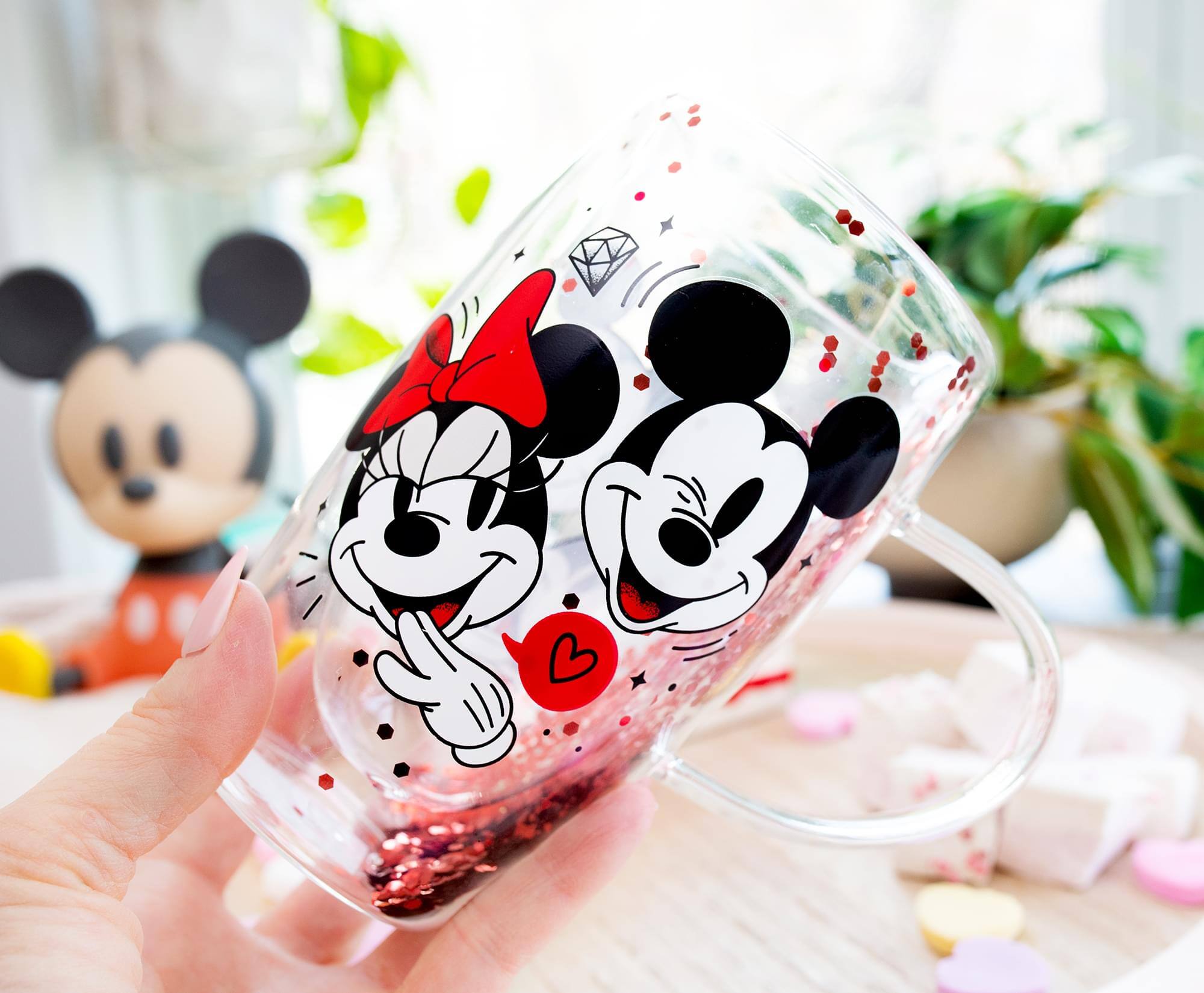 Alt View 3. Silver Buffalo - Disney Mickey and Minnie Hearts & Diamonds Confetti Glass Mug | Holds 15 Ounces - Red.