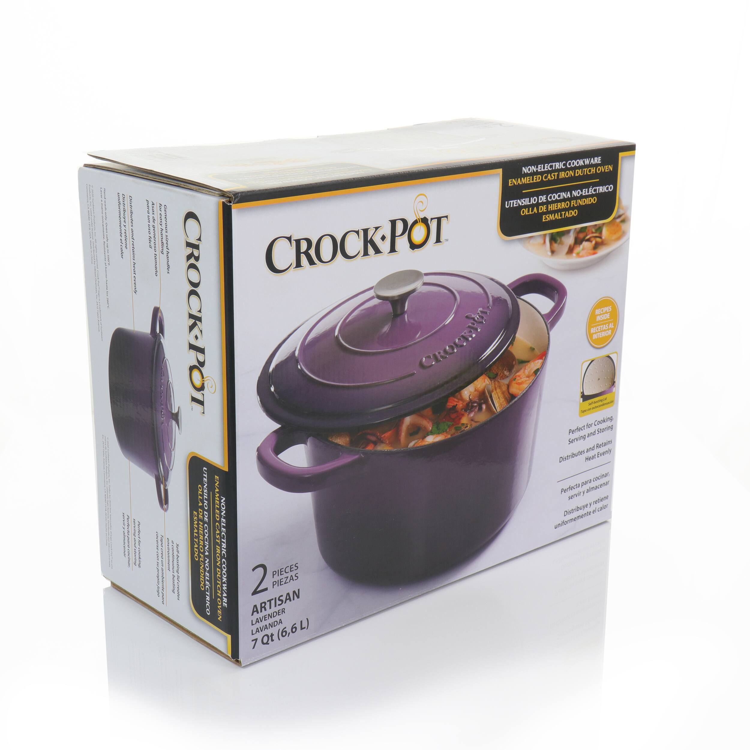 Crock-Pot® is a non-electric cookware brand that offers a variety of Dutch ovens and cast iron cooking pots. These pots are enameled and come in different sizes, including a 6.6-quart and a 7-quart option. The pots are designed for both cooking and serving, making them a versatile addition to any kitchen. They are available in various colors, such as lavender, and are distributed by Crock-Pot®.