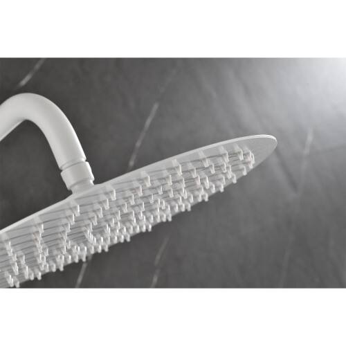 Left. JUJABU - White Shower System with Shower Head, Slide Bar, Bodysprays, Shower Arm, Hose, Valve Trim, and Lever Handles - White.