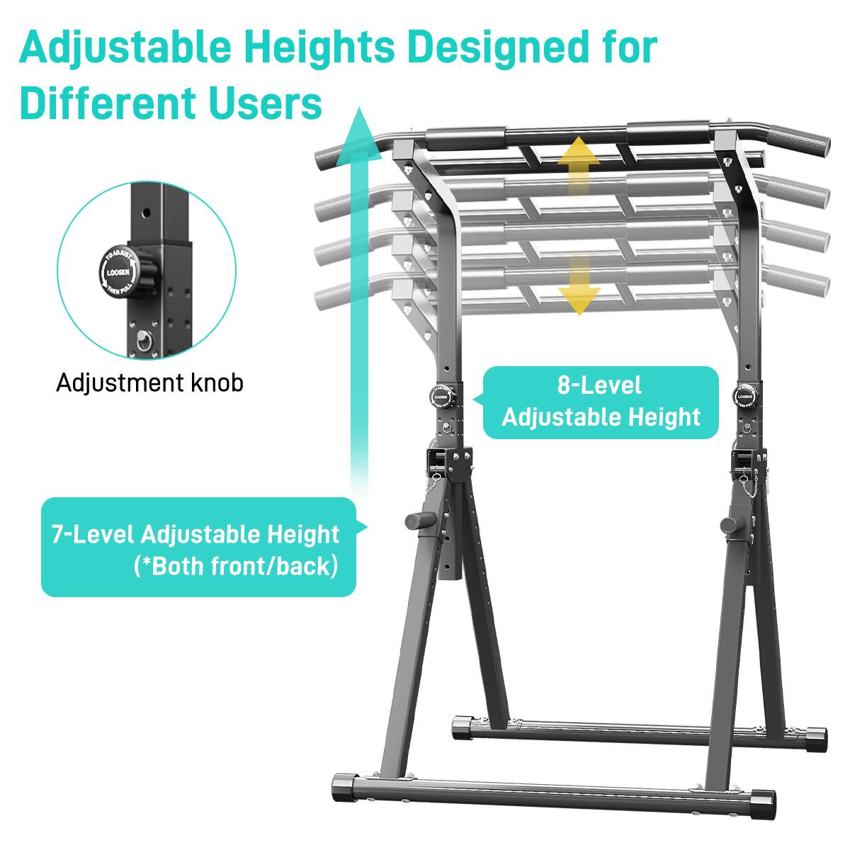 Adjustable Heights Designed for Different Users

Adjustment knob

8-Level Adjustable Height

7-Level Adjustable Height (*Both front/back)