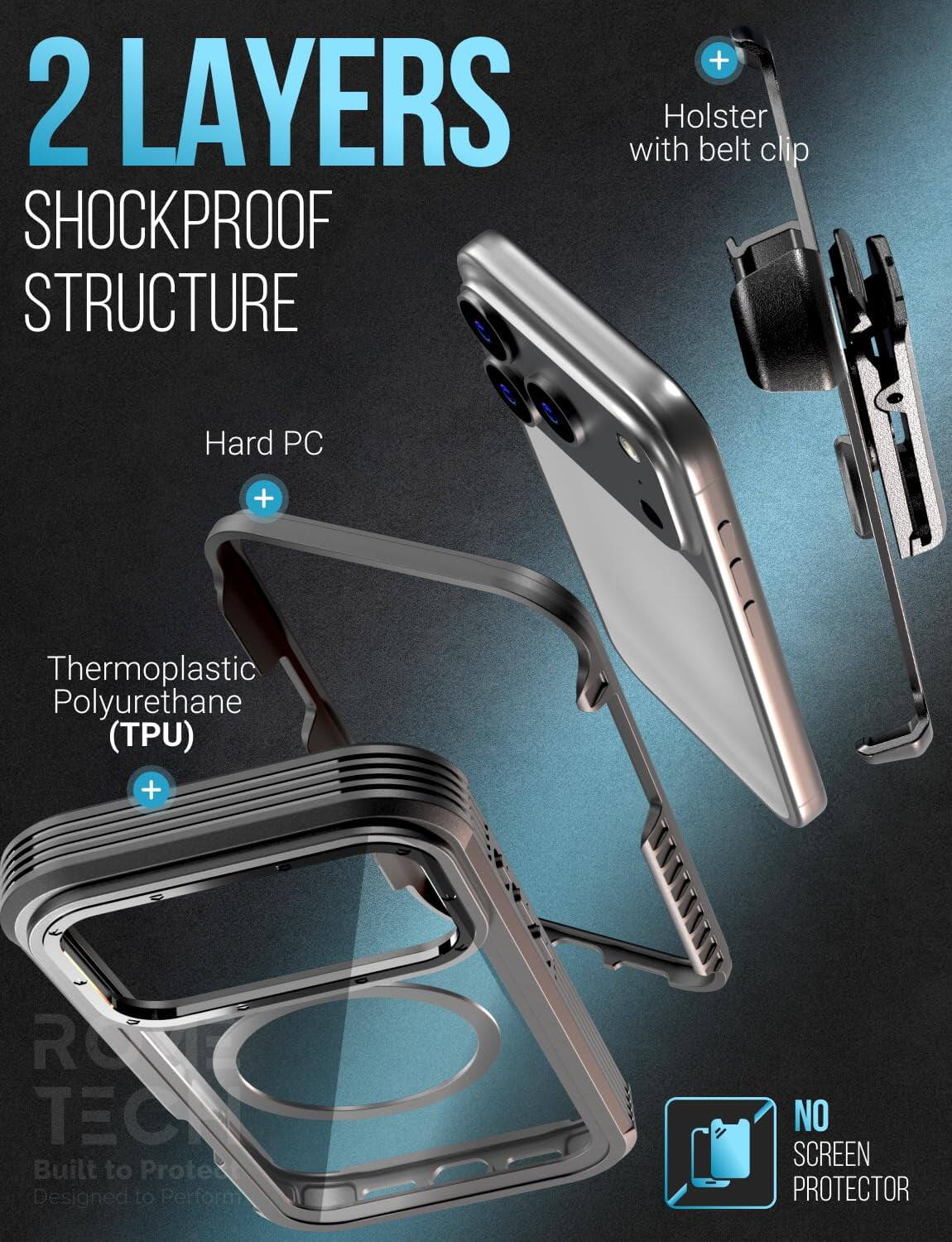 2 LAYERS  
SHOCKPROOF STRUCTURE  

+ Holster with belt clip  
+ Hard PC  
+ Thermoplastic Polyurethane (TPU)  

NO SCREEN PROTECTOR  

Built to Protect  
Designed to Perform
