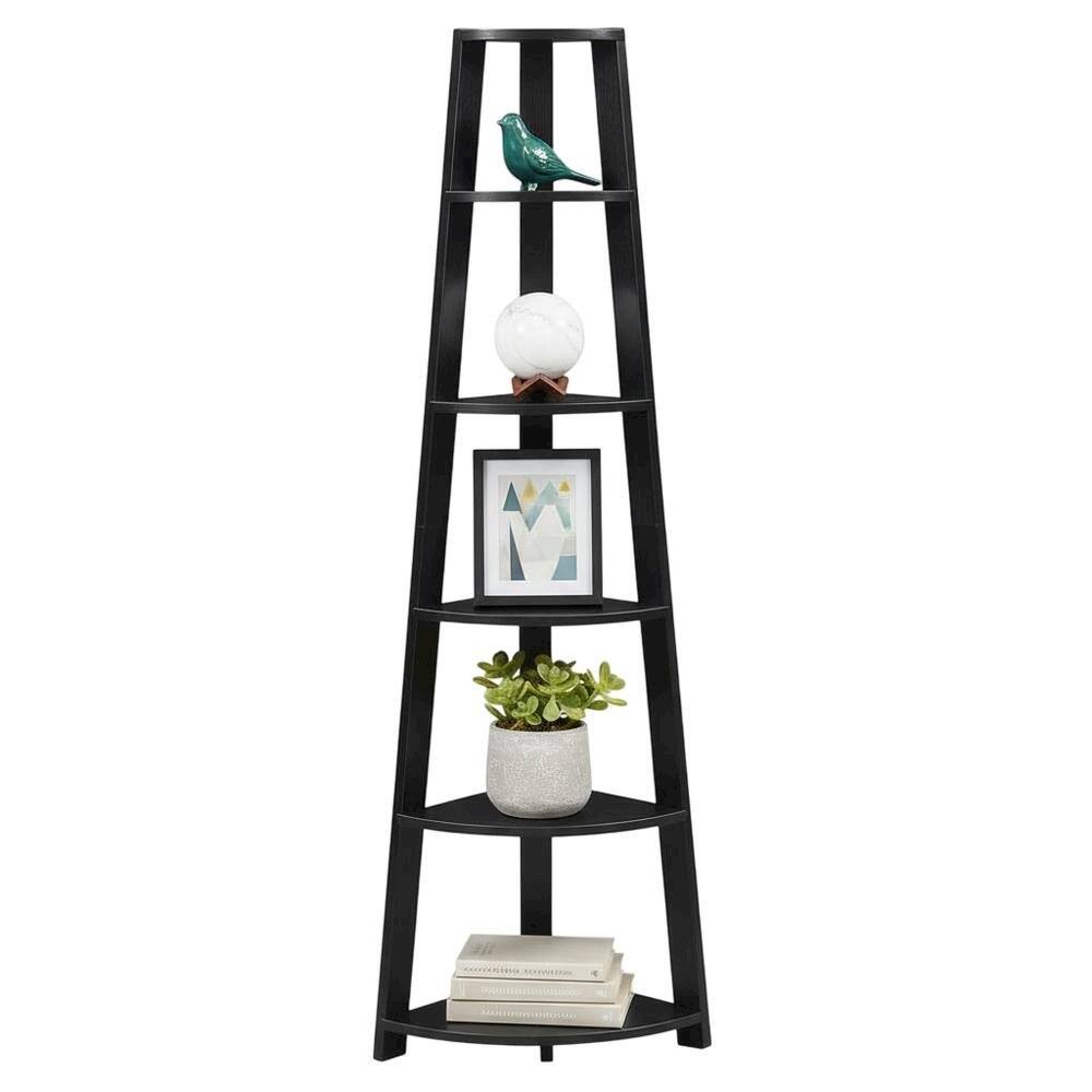 Angle. FurniFact - Black 5-Tier Corner Bookcase with Modern Design and Durable MDF Construction - Black.