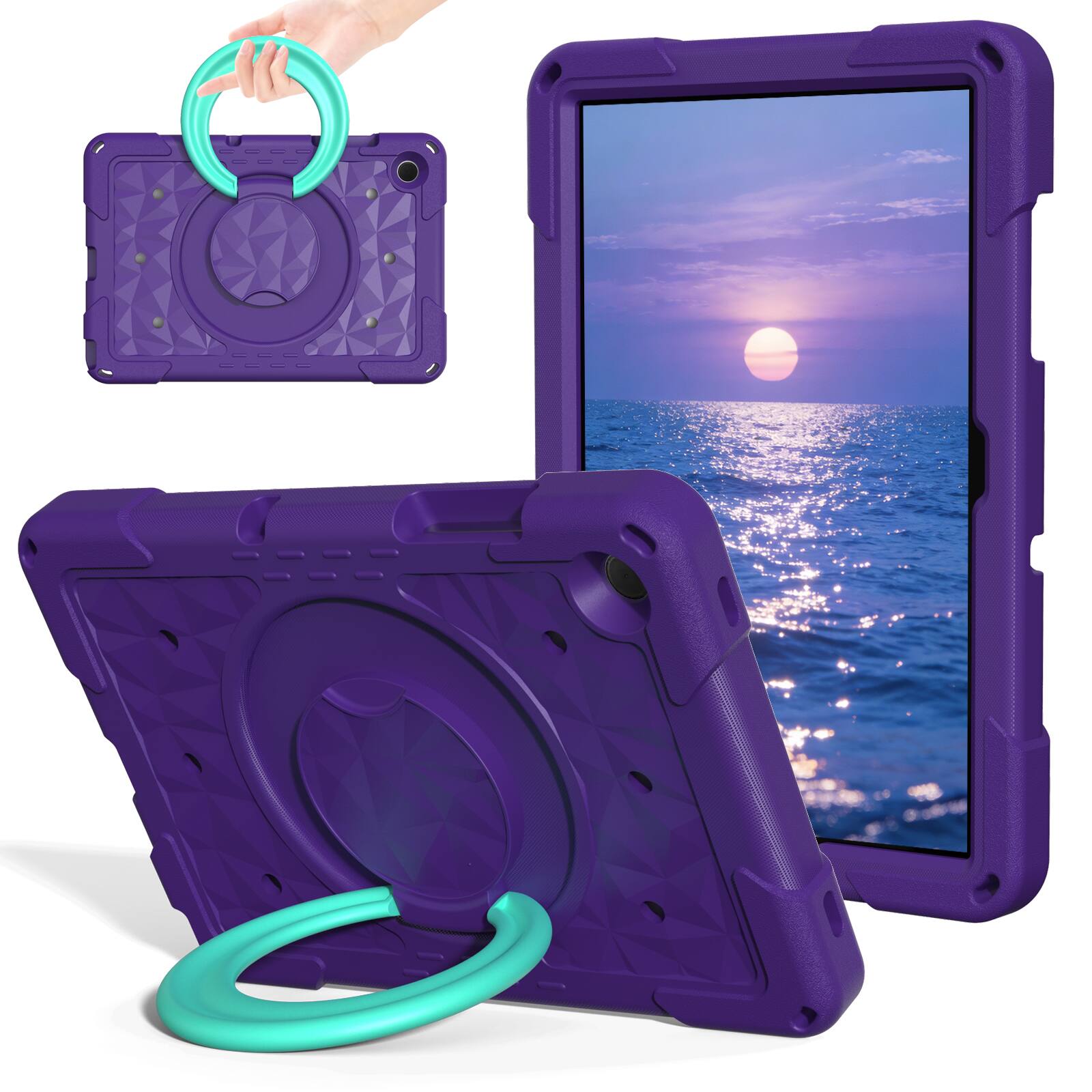 Left. Dteck - For Samsung Galaxy Tab A11+ 2025/ A9+ 2023 11-Inch Case, Rugged Shockproof 360° Rotating Grip Stand Cover + Strap - Purple+Mint.