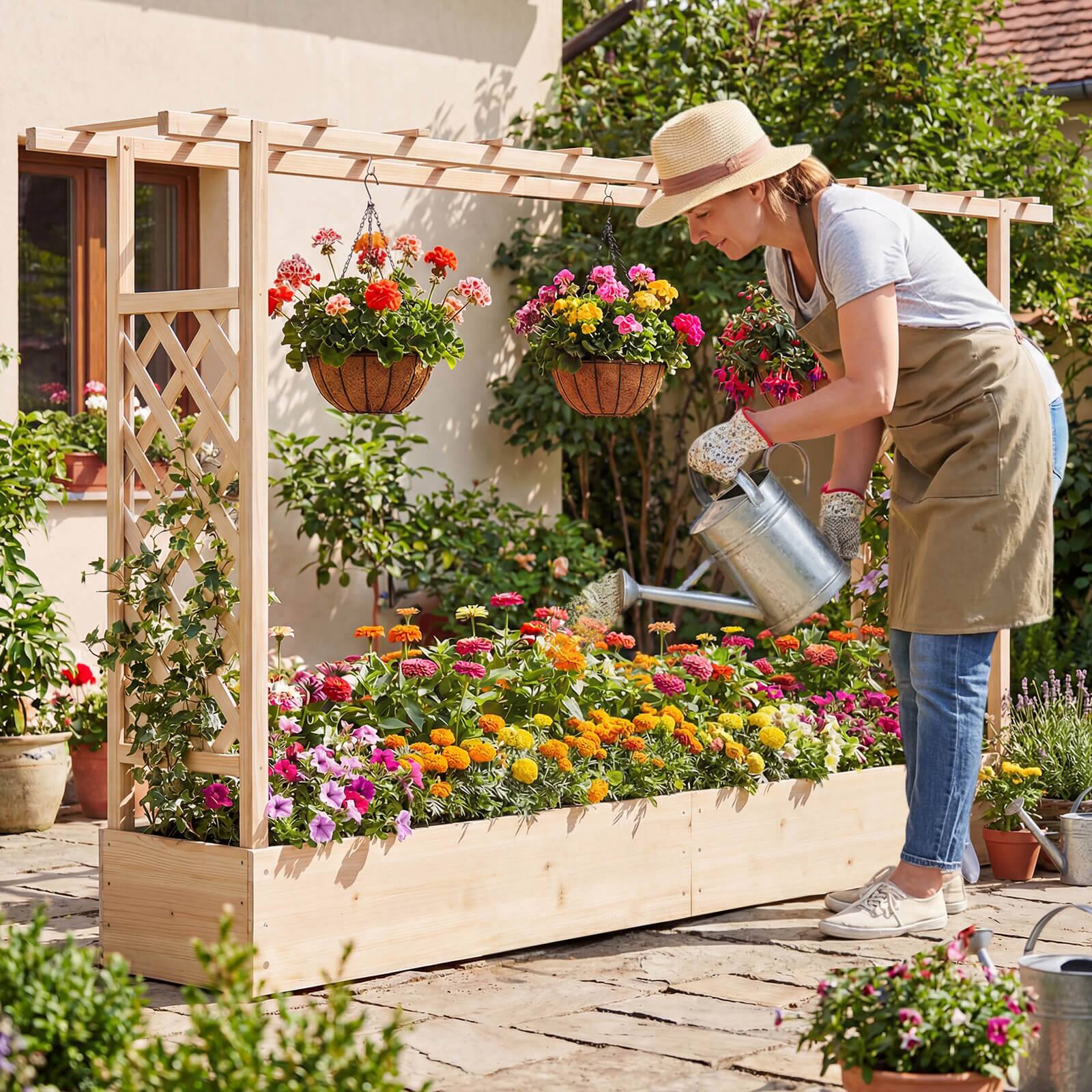 Alt View 4. Costway - Costway 1 PCS Wooden Raised Garden Bed with Trellis & Hanging Roof, Drainage Holes for Flowers - Natural.