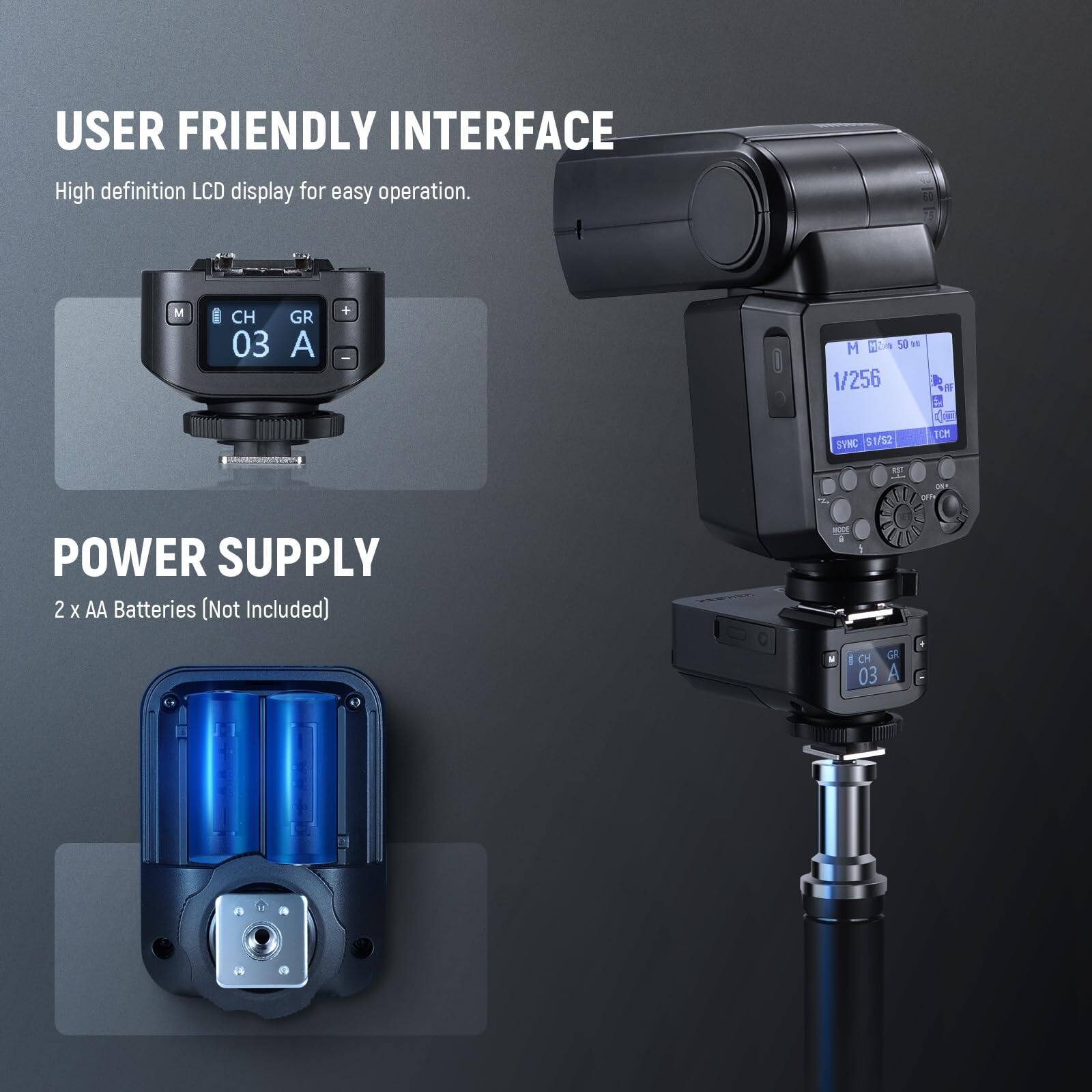 USER FRIENDLY INTERFACE  
High definition LCD display for easy operation.

POWER SUPPLY  
2 x AA Batteries (Not Included)