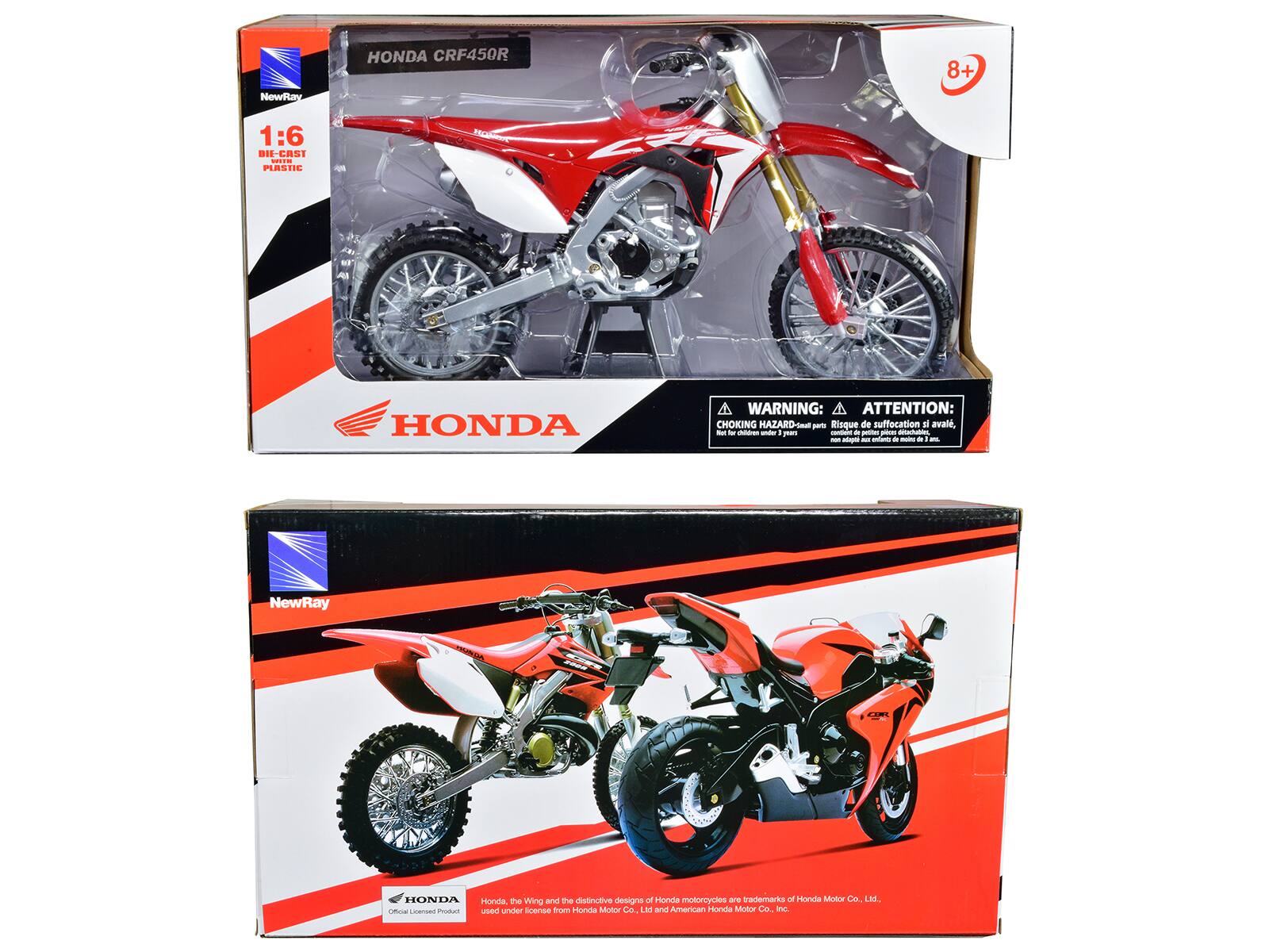 Sure, here is the corrected and grouped text from the image:

---

**Top Box:**

- NewRay
- HONDA CRF450R
- 1:6 DIE-CAST PLASTIC
- 8+
- WARNING: CHOKING HAZARD - Small parts. Not for children under 3 years.
- ATTENTION: Risque de suffocation si avalé, ne convient pas aux enfants de moins de 3 ans.
- Honda, the Wing and the distinctive designs of Honda motorcycles are trademarks of Honda Motor Co., Ltd. Official License Product used under license from Honda Motor Co., Ltd. and American Honda Motor Co., Inc.

**Bottom Box:**

- NewRay
- HONDA
- Honda, the Wing and the distinctive designs of Honda motorcycles are trademarks of Honda Motor Co., Ltd. Official License Product used under license from Honda Motor Co., Ltd. and American Honda Motor Co., Inc.

---