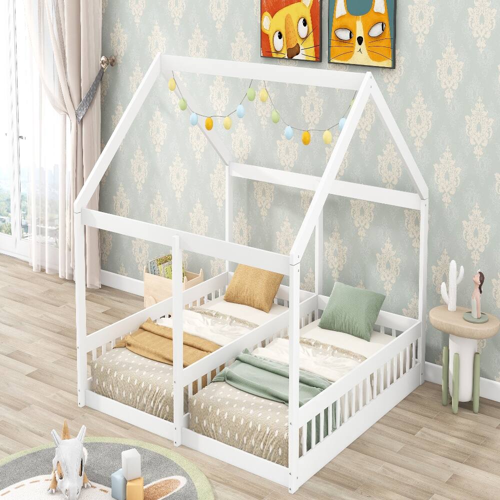 Back. Loheer - Loheer Twin Size House Bed, 2 in 1 Shared Platform Bed for Kids, White - White.