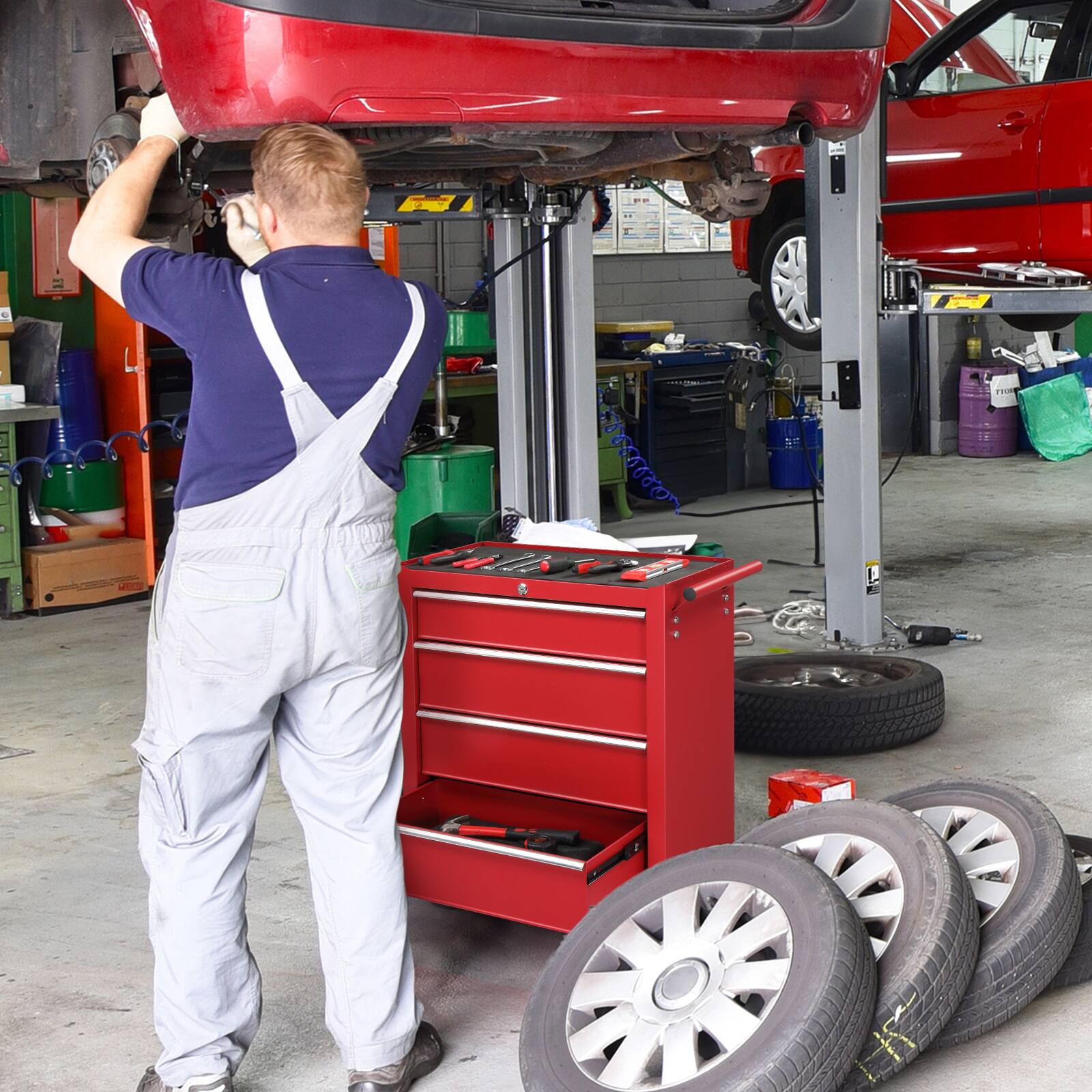 Alt View 6. Winado - 4-Drawer Rolling Tool Chest with Lock&Key & Drawer Liners Tool Storage Cabinet - Red.