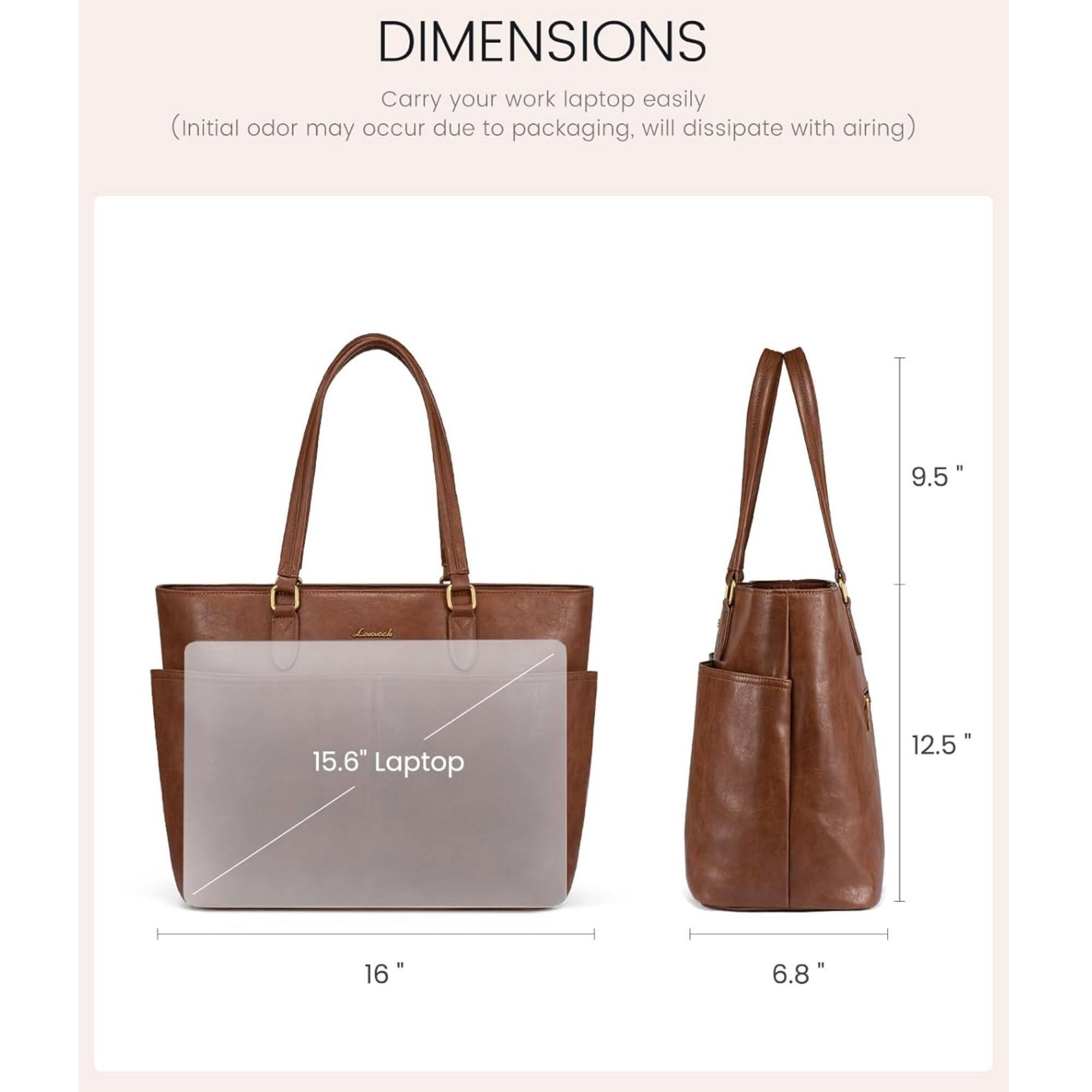 DIMENSIONS  
Carry your work laptop easily  
(Initial odor may occur due to packaging, will dissipate with airing)  

9.5"  
15.6" Laptop  
12.5"  
16"  
6.8"