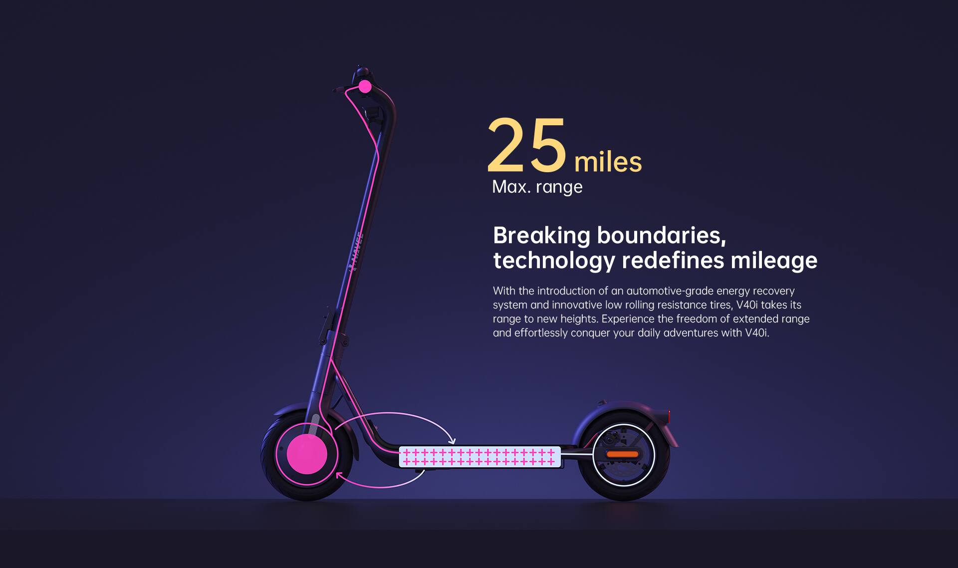 25 miles  
Max. range  

Breaking boundaries, technology redefines mileage  

With the introduction of an automotive-grade energy recovery system and innovative low rolling resistance tires, V40i takes its range to new heights. Experience the freedom of extended range and effortlessly conquer your daily adventures with V40i.