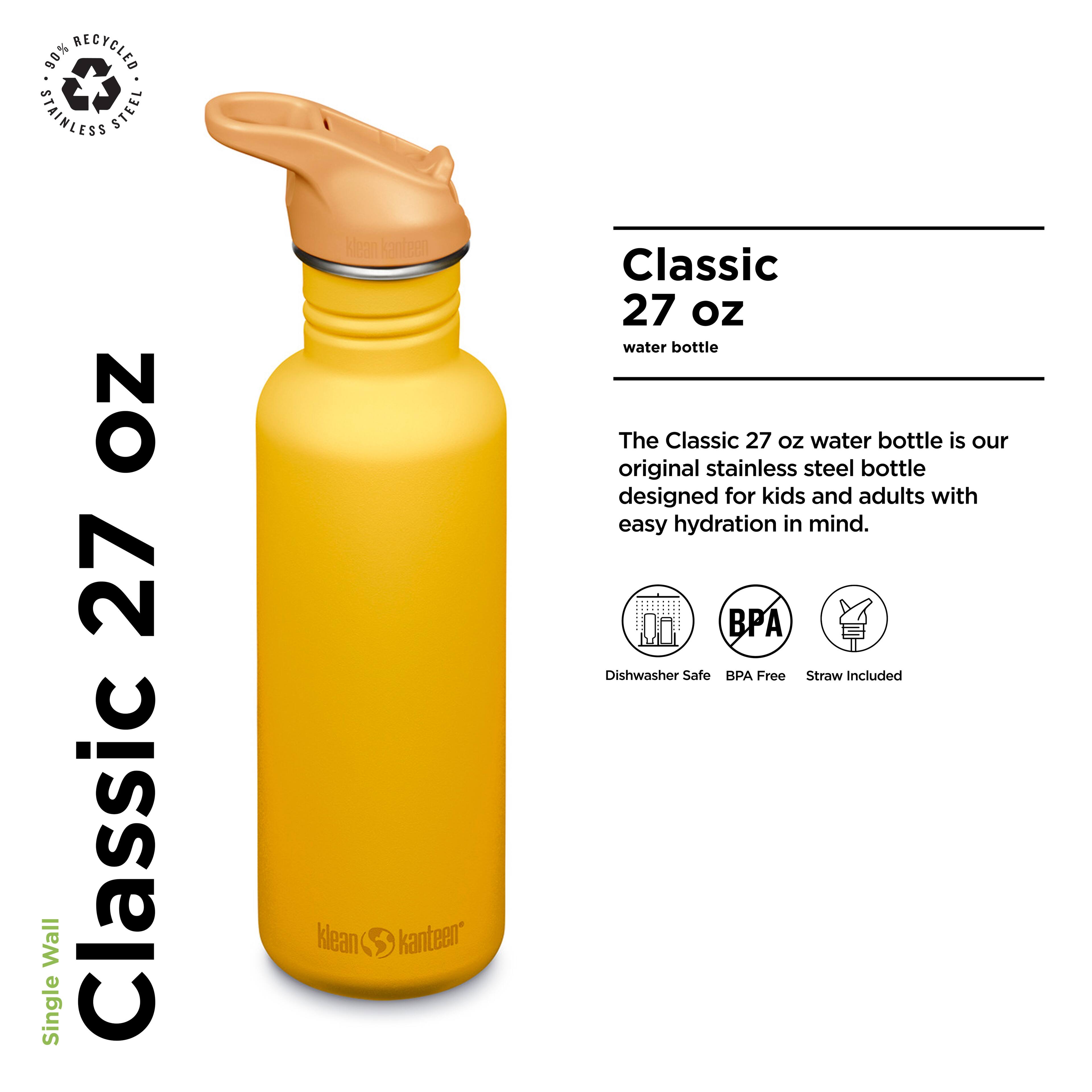 90% RECYCLED STAINLESS STEEL  
NO 27 Single Wall Classic  
Classic 27 oz water bottle  

The Classic 27 oz water bottle is our original stainless steel bottle designed for kids and adults with easy hydration in mind.  

- Dishwasher Safe  
- BPA Free  
- Straw Included