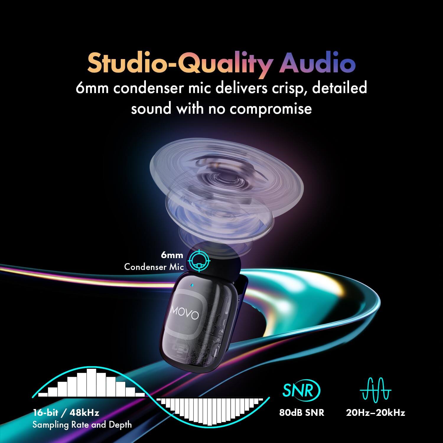 Studio-Quality Audio  
6mm condenser mic delivers crisp, detailed sound with no compromise  

6mm Condenser Mic  
MOVO  

16-bit / 48kHz Sampling Rate and Depth  
SNR 80dB (20Hz-20kHz)
