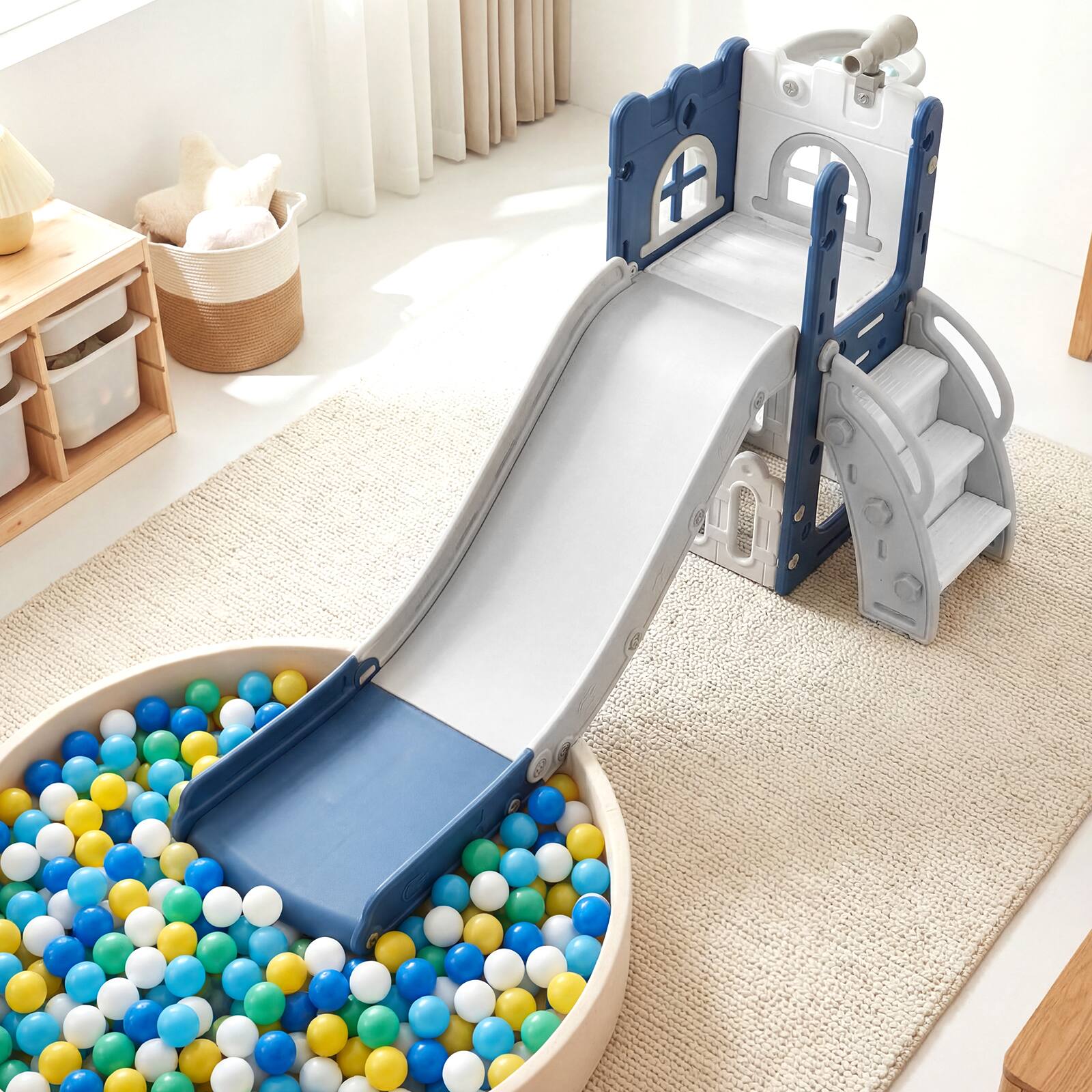 Alt View 1. Costway - Costway 6-in-1 Kids Indoor Slide Playset with Basketball Hoop, Telescope, Climbing Ladder - Blue.