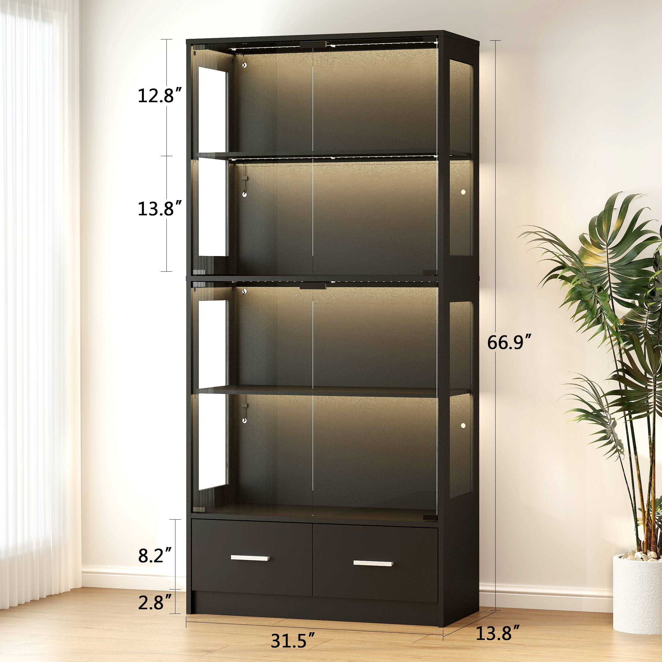 The text on the image is grouped as follows:

- Height: 13.8", 12.8"
- Width: 31.5"
- Depth: 13.8", 8.2", 2.8"
- Total height: 66.9"