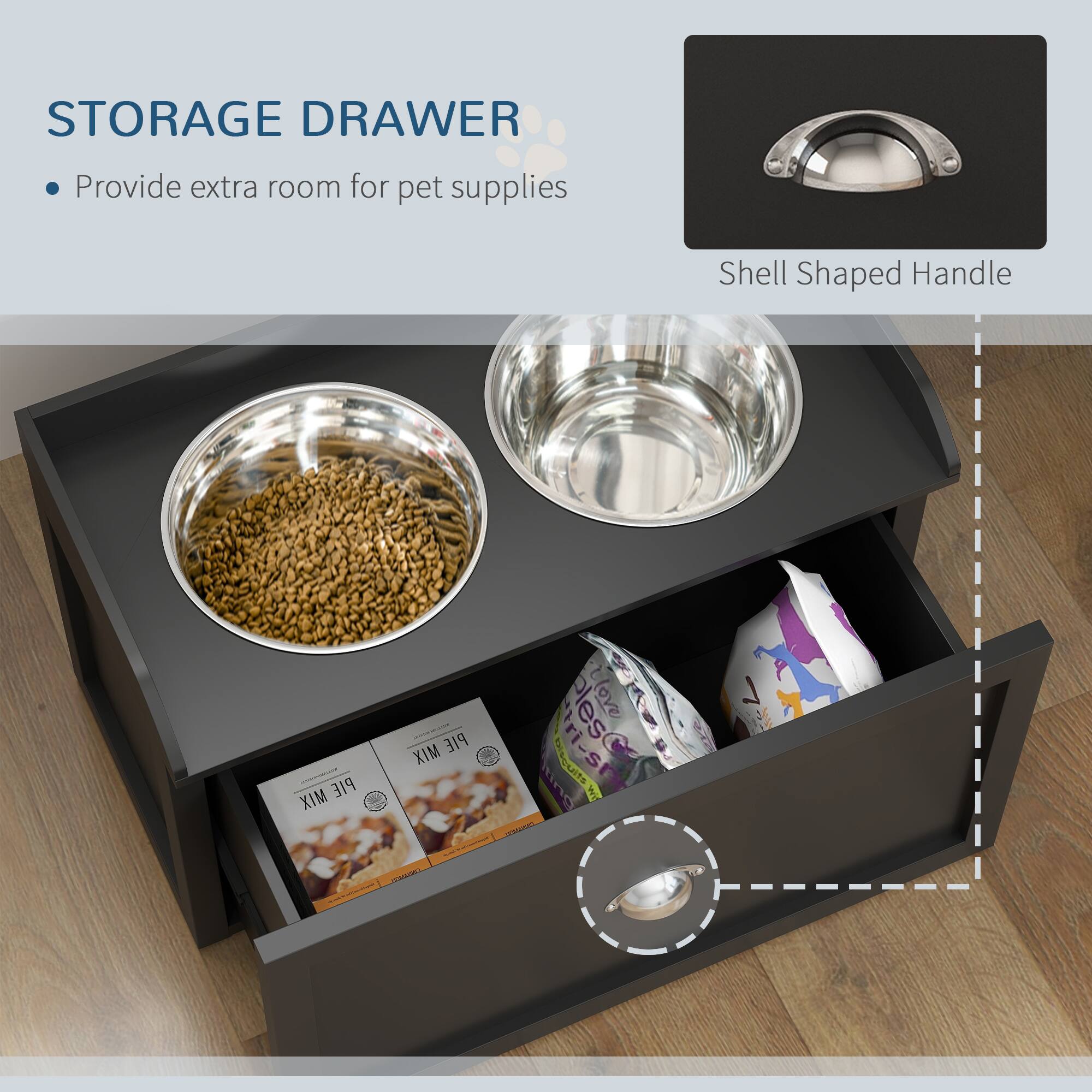 STORAGE DRAWER  
- Provide extra room for pet supplies  

Shell Shaped Handle