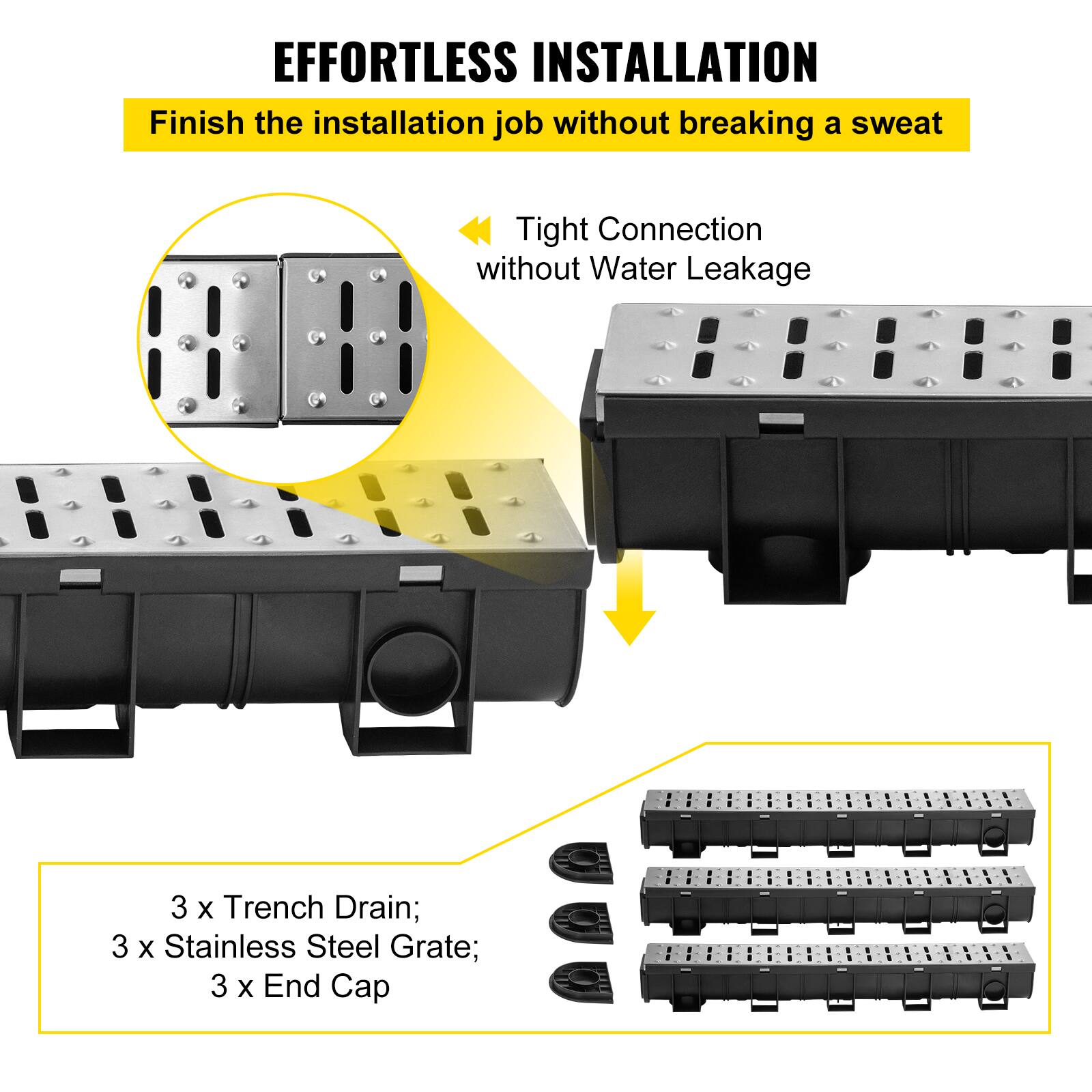 EFFORTLESS INSTALLATION  
Finish the installation job without breaking a sweat  

Tight Connection without Water Leakage  

3 x Trench Drain;  
3 x Stainless Steel Grate;  
3 x End Cap