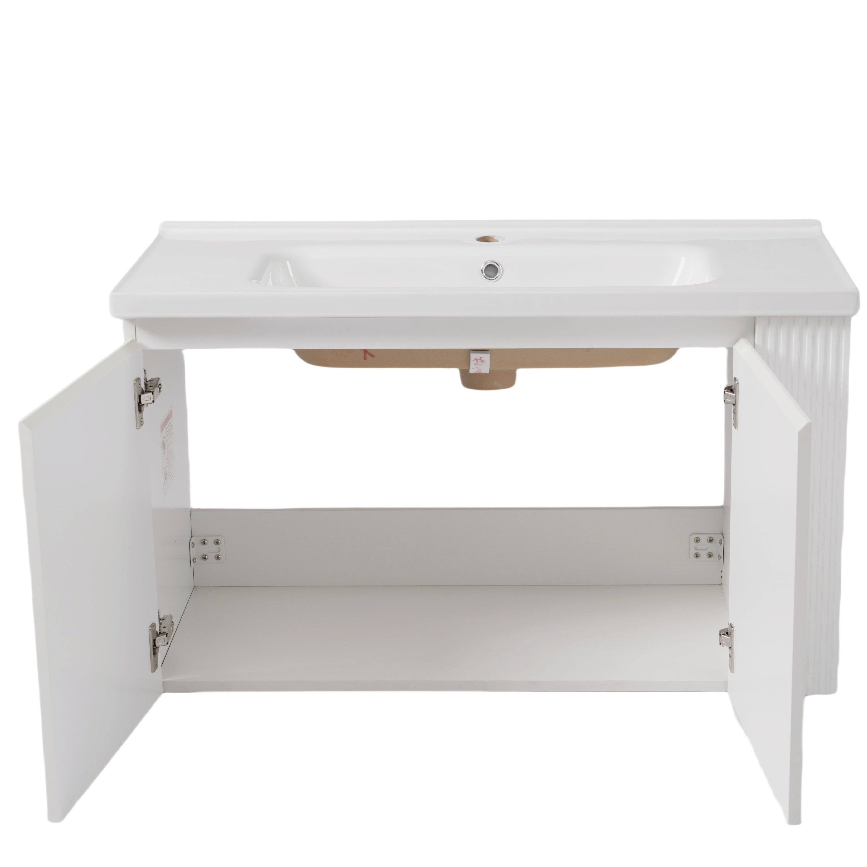 Left. Boyel Living - 36 Inch Modern Wall Mounted Bathroom Vanity with Ceramic Sink Floating Design Soft Close Doors Open Shelves White - White.