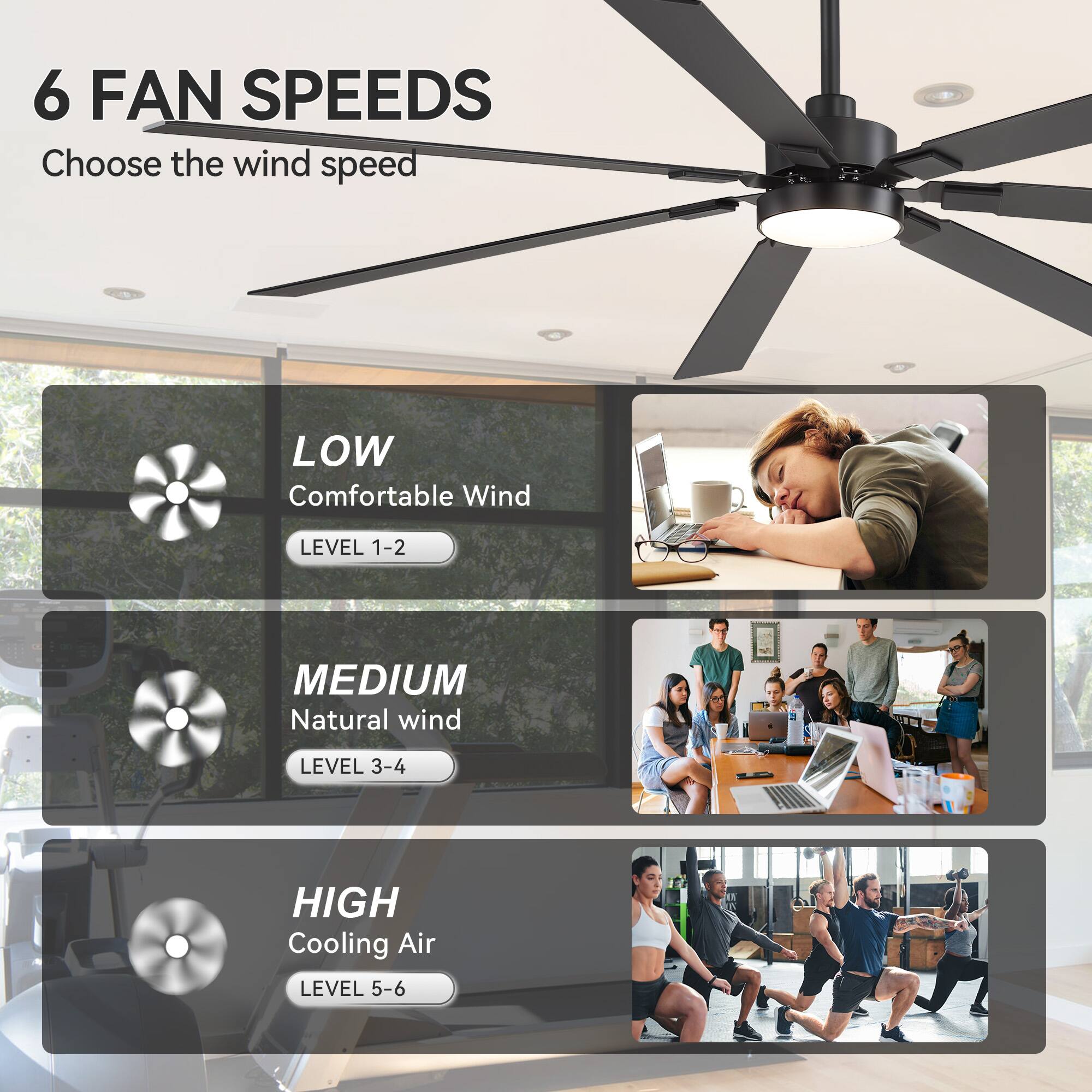 6 FAN SPEEDS  
Choose the wind speed

LOW  
Comfortable Wind  
LEVEL 1-2

MEDIUM  
Natural Wind  
LEVEL 3-4

HIGH  
Cooling Air  
LEVEL 5-6